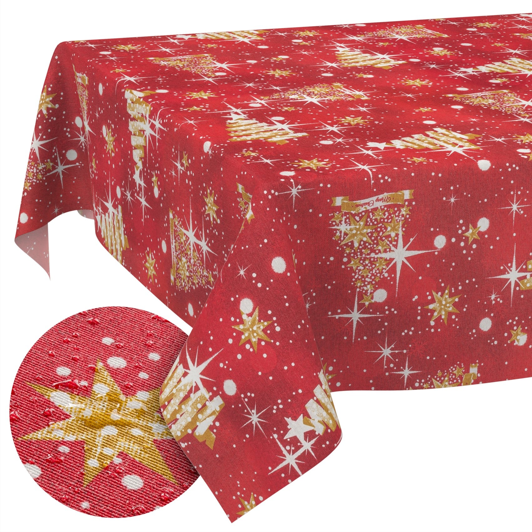 MRT68849_SQ_10 Stoff Tischdecke Textil Weihnachtstischdecke abwaschbar Tischtuch Baumwolle Polyester Christmas Rot – 90x130cm, Schnittkante