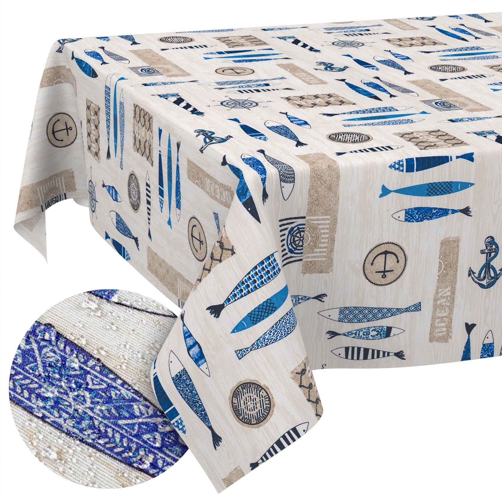 GTGANNA-02_SQ_10FK Stoff Tischdecke abwaschbar Tischwäsche Textil Tischtuch Baumwolle Polyester Maritim Outdoor Tischdecke Gartentischdecke – 100x140cm, Schnittkante