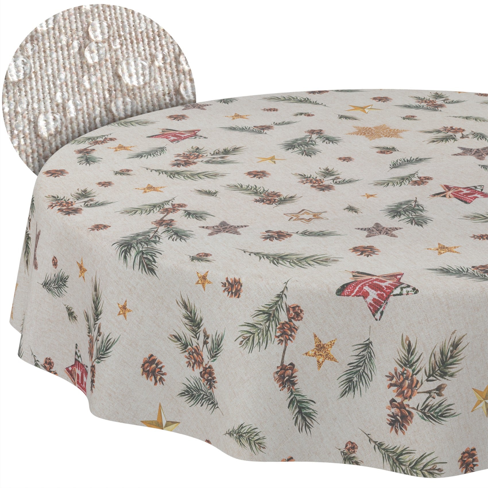 GTGANNA-35_10 Weihnachtstischdecke Stofftischdecke Tischwäsche abwaschbar Tischtuch Baumwolle Polyester Weihnachten Stern – Rund 100cm, Schnittkante