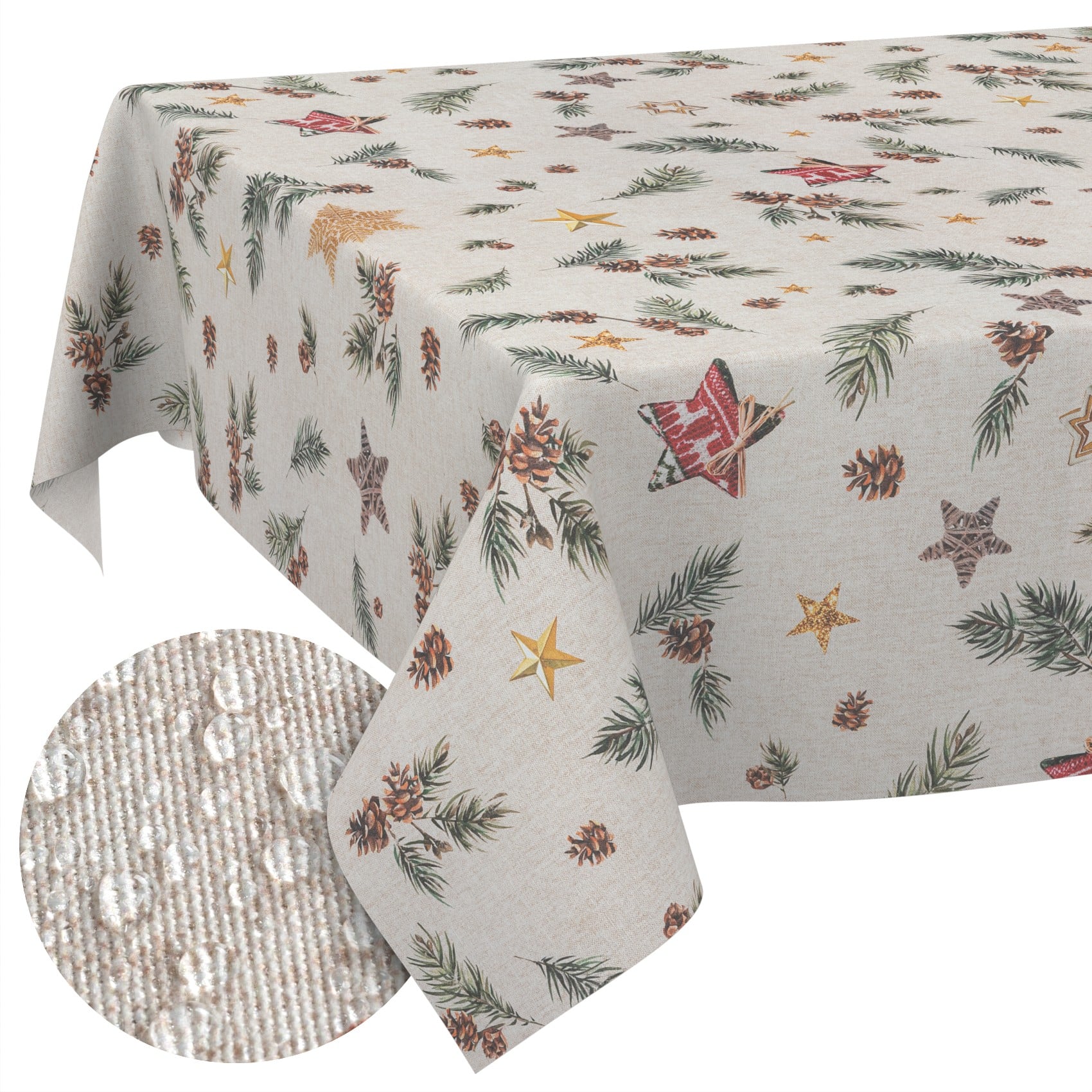 GTGANNA-35_10 Weihnachtstischdecke Stofftischdecke Tischwäsche abwaschbar Tischtuch Baumwolle Polyester Weihnachten Stern – 300x140cm, Schnittkante