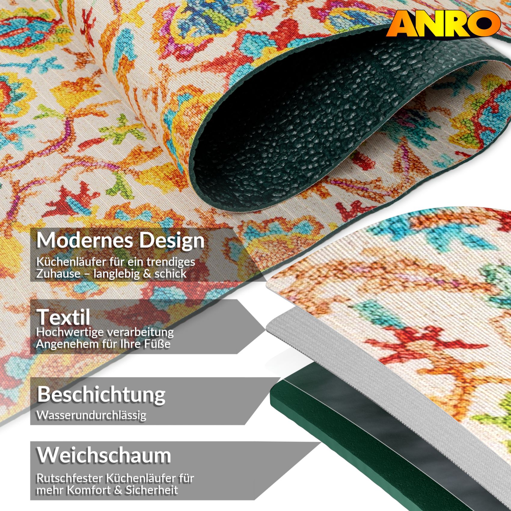 SPRINT89_60 Küchenläufer waschbar Küchenteppich rutschfest Sprinty Abbraccio 52cm Breite