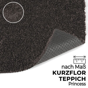 Brauner Kurzflor-Teppich Princess nach Maß mit rutschfester Rückseite und Detailansicht