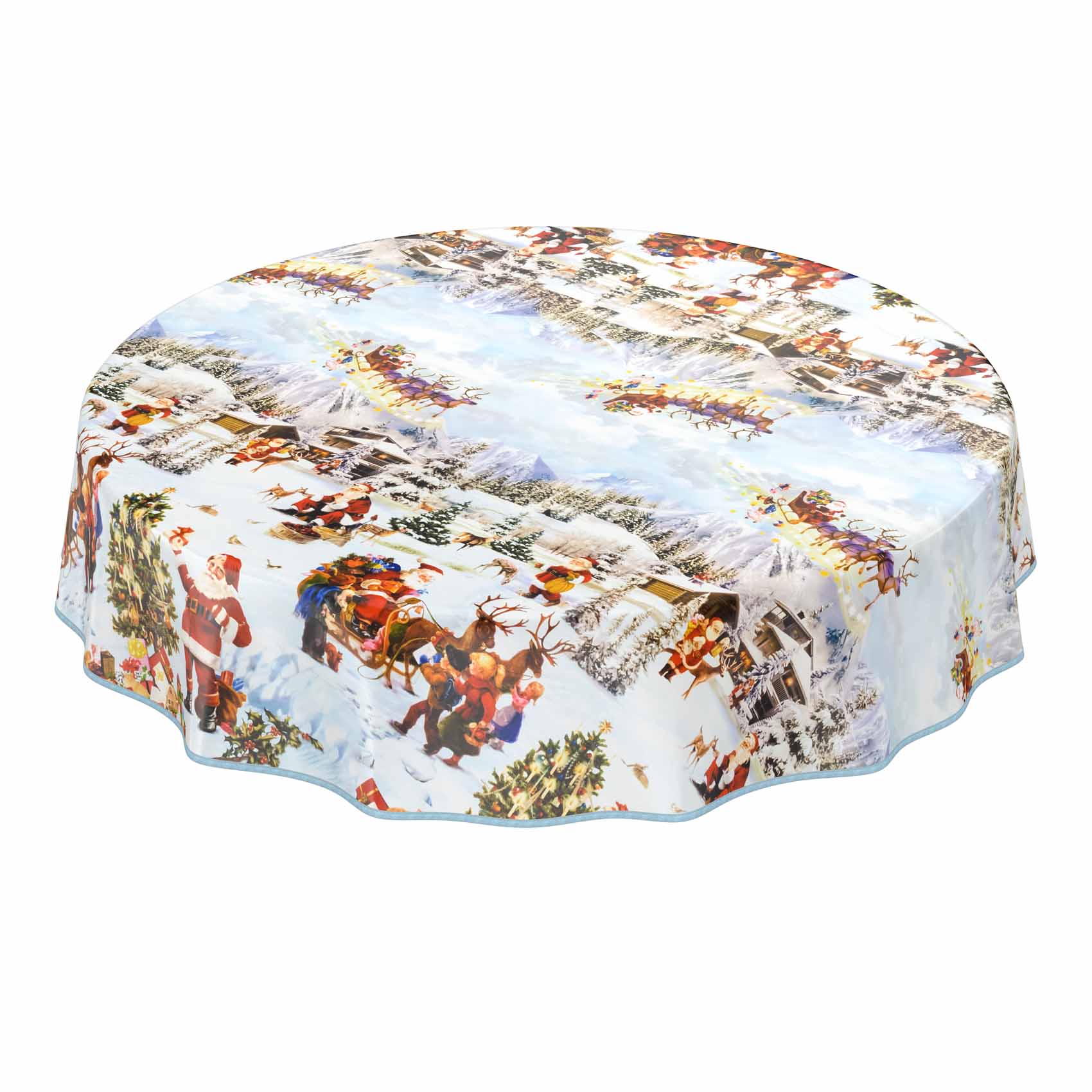Weihnachtstischdecke abwaschbare Tischdecke Weihnachten Weihnachtsmorgen – Rund 100cm, Paspelband (Eingefasst)