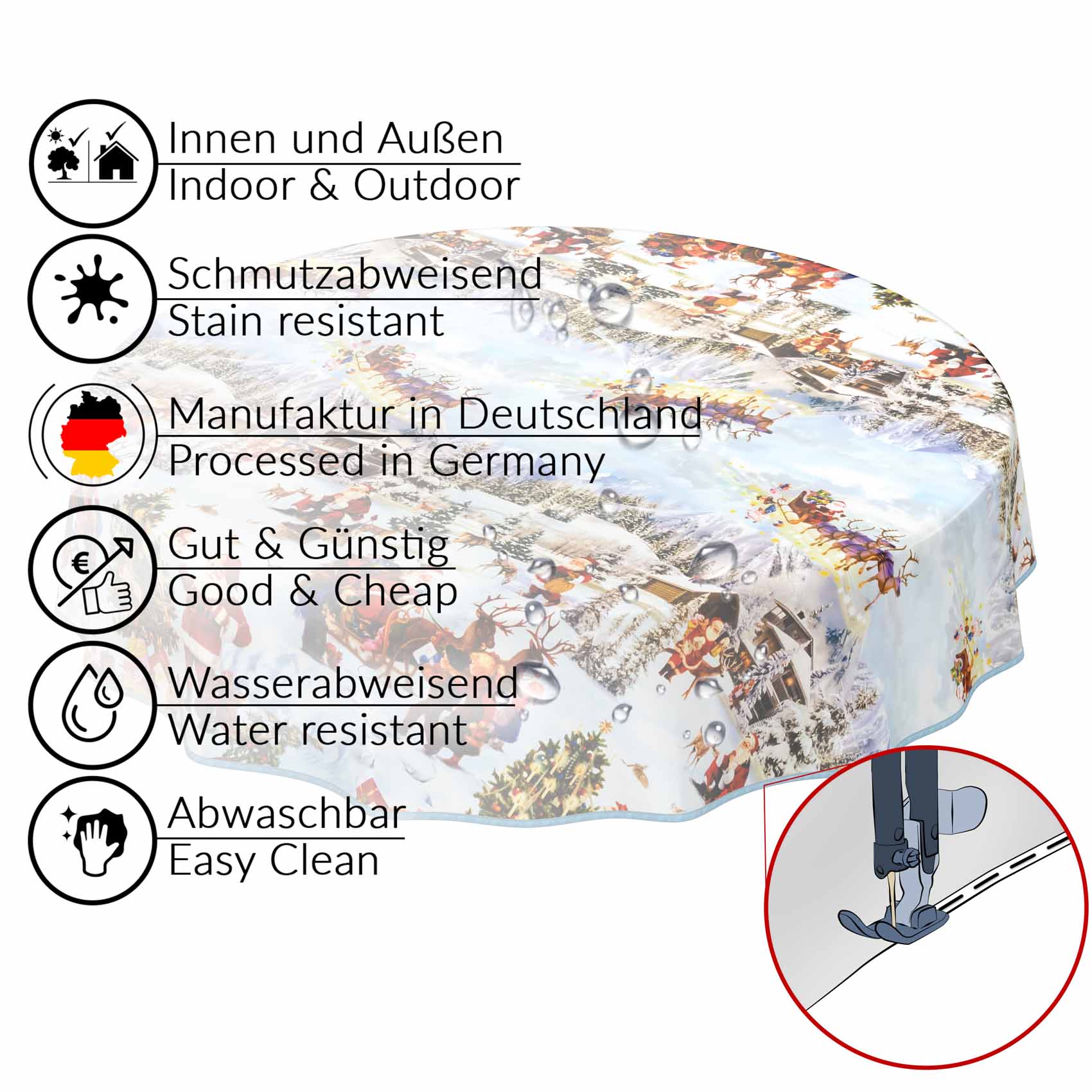 Weihnachtstischdecke abwaschbare Tischdecke Weihnachten Weihnachtsmorgen – Rund 100cm, Paspelband (Eingefasst)