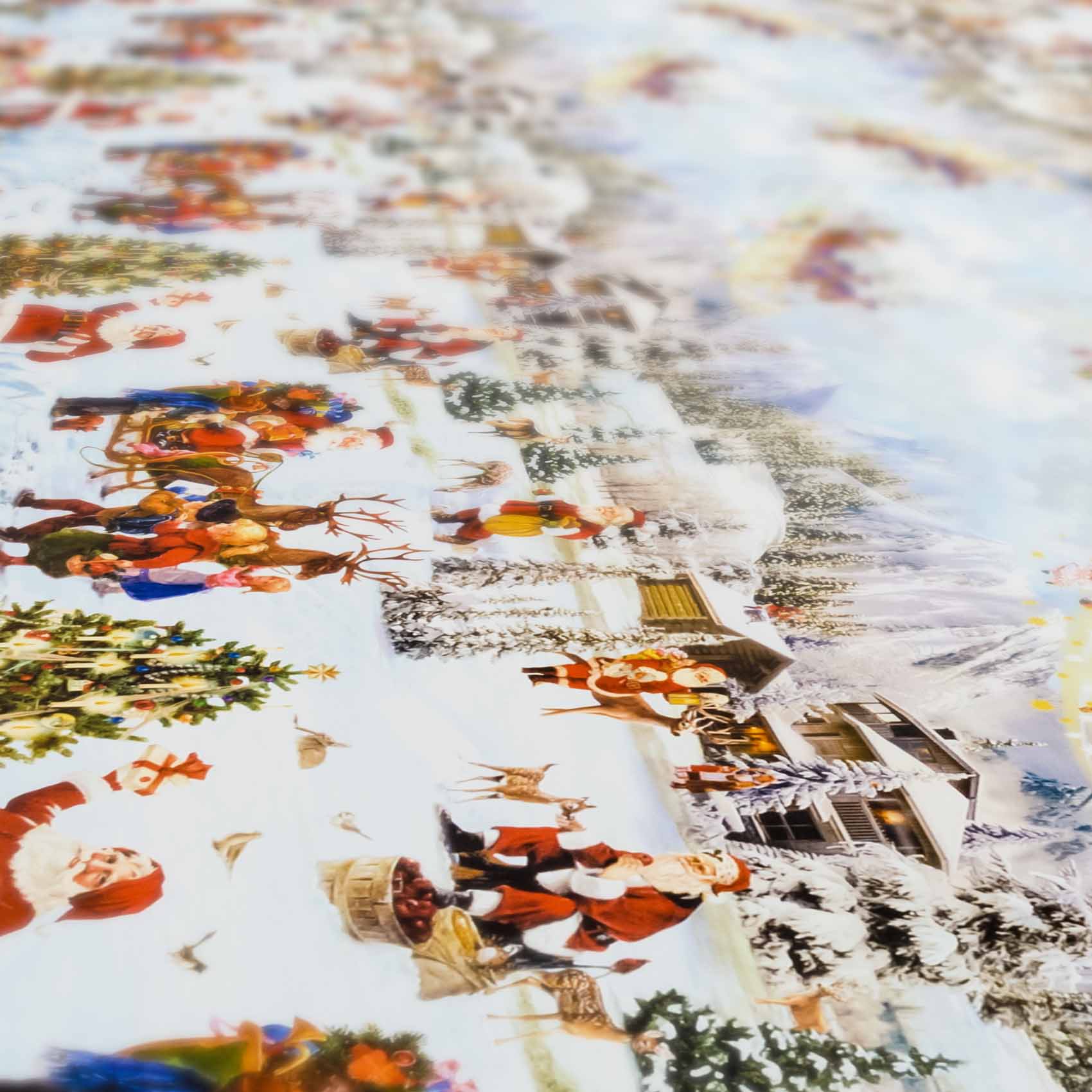 Weihnachtstischdecke abwaschbare Tischdecke Weihnachten Weihnachtsmorgen – Rund 100cm, Paspelband (Eingefasst)