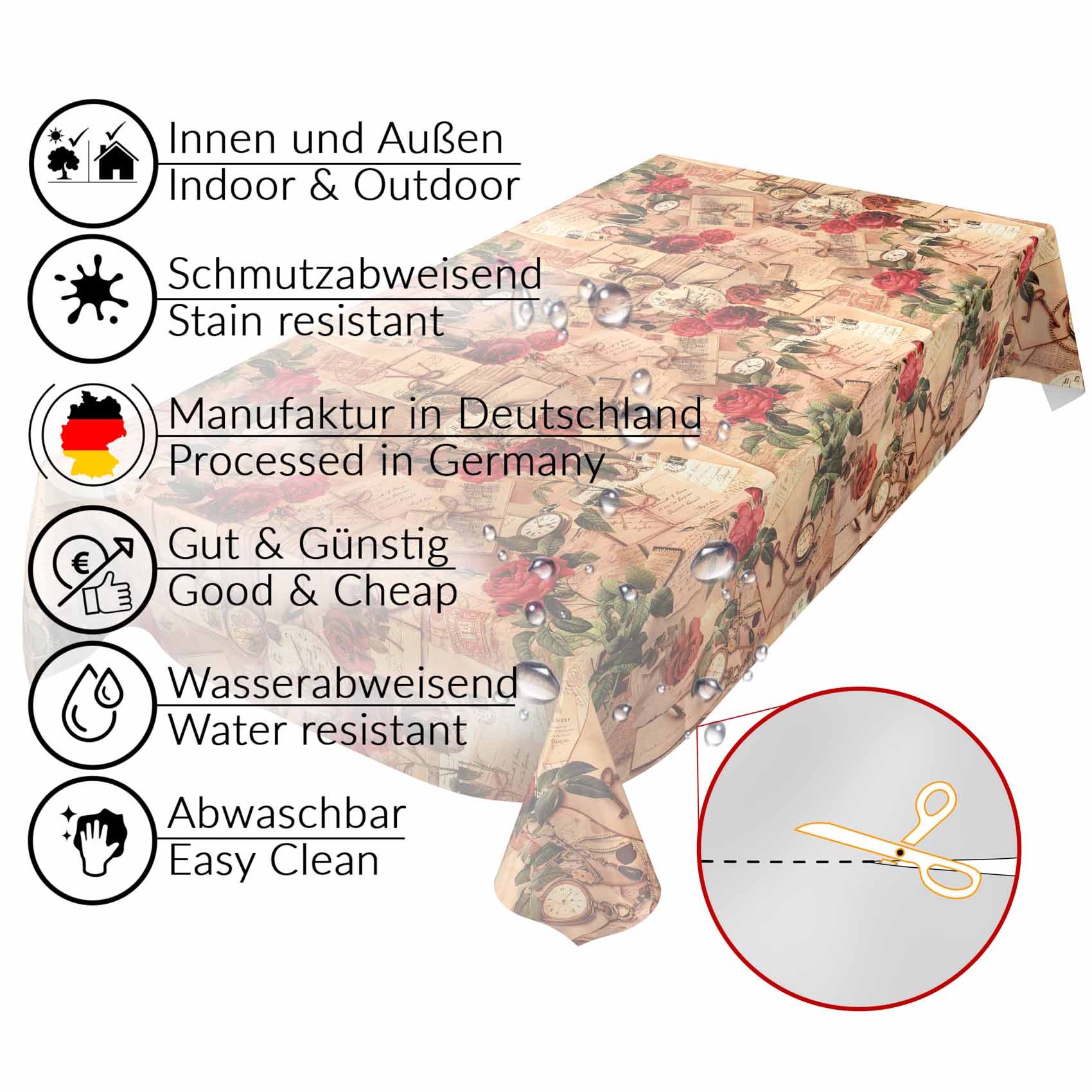 Wachstuch Tischdecke Oldtime Rosen Beige abwascbare Tischdecke Wachstuch Gartentischdecke – 100x140cm, Schnittkante