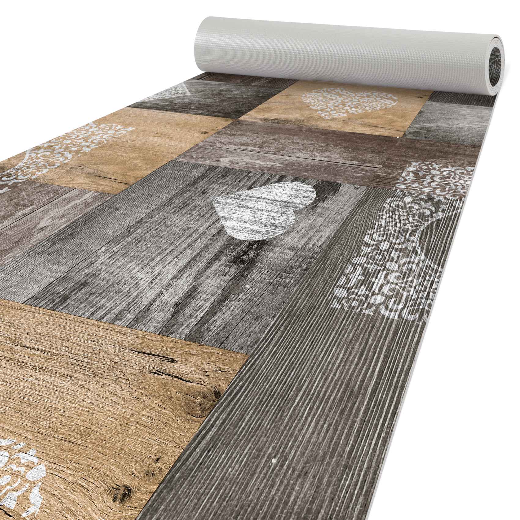 BE40416_10 Küchenläufer PVC rutschfest abwaschbar Rustikal Holz Herz Liebe Braun 50cm Breit – 100x50cm