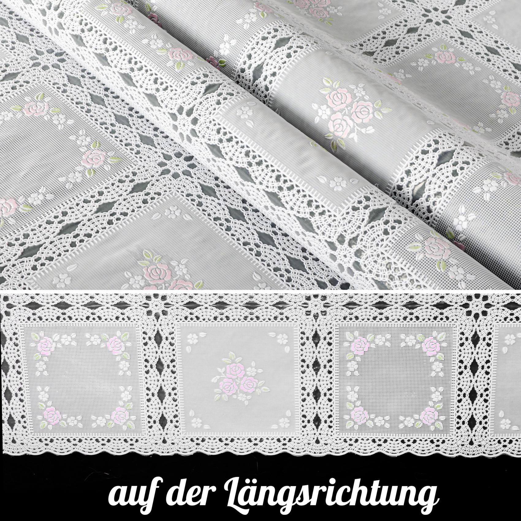 Tischdecke abwaschbar Lace Vinyl Häkel Spitze Optik Blumen Karo Rosa/Weiß – 100x138cm