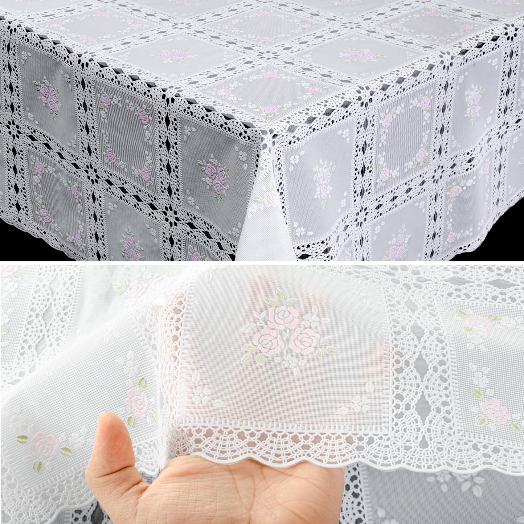 Tischdecke abwaschbar Lace Vinyl Häkel Spitze Optik Blumen Karo Rosa/Weiß – 100x138cm