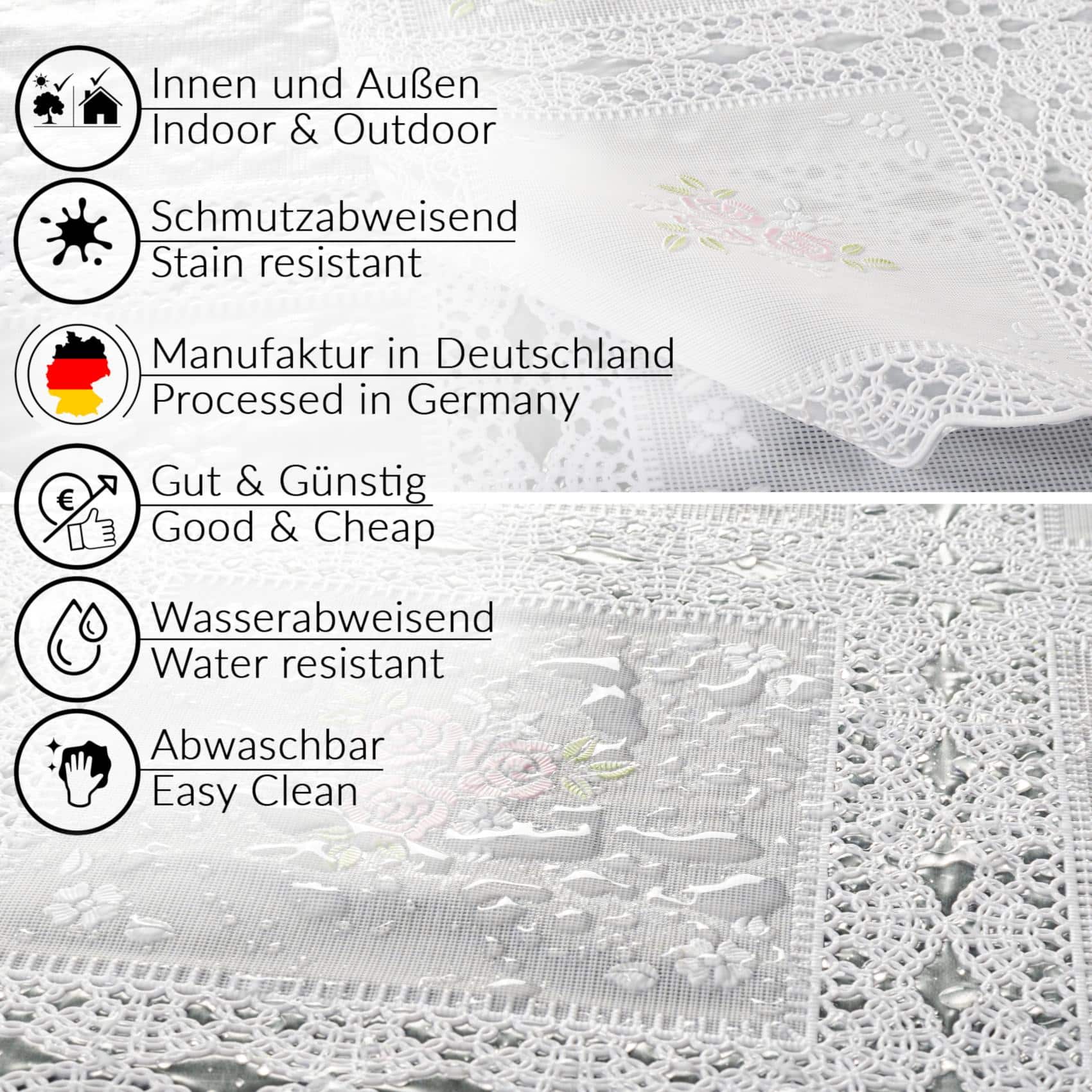 Tischdecke abwaschbar Lace Vinyl Häkel Spitze Optik Blumen Karo Rosa/Weiß – 100x138cm