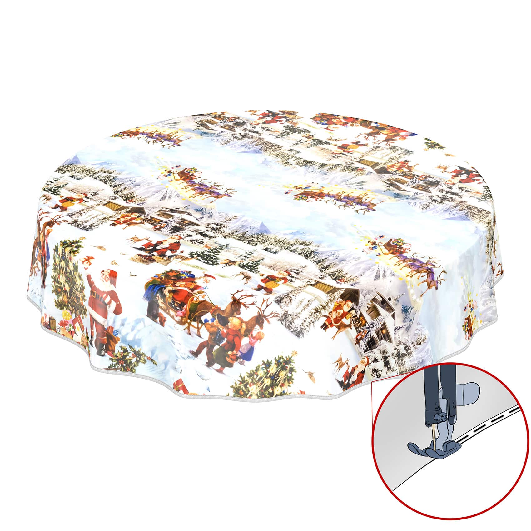 Weihnachtstischdecke abwaschbare Tischdecke Weihnachten Weihnachtsmorgen – Rund 100cm, Paspelband (Eingefasst)