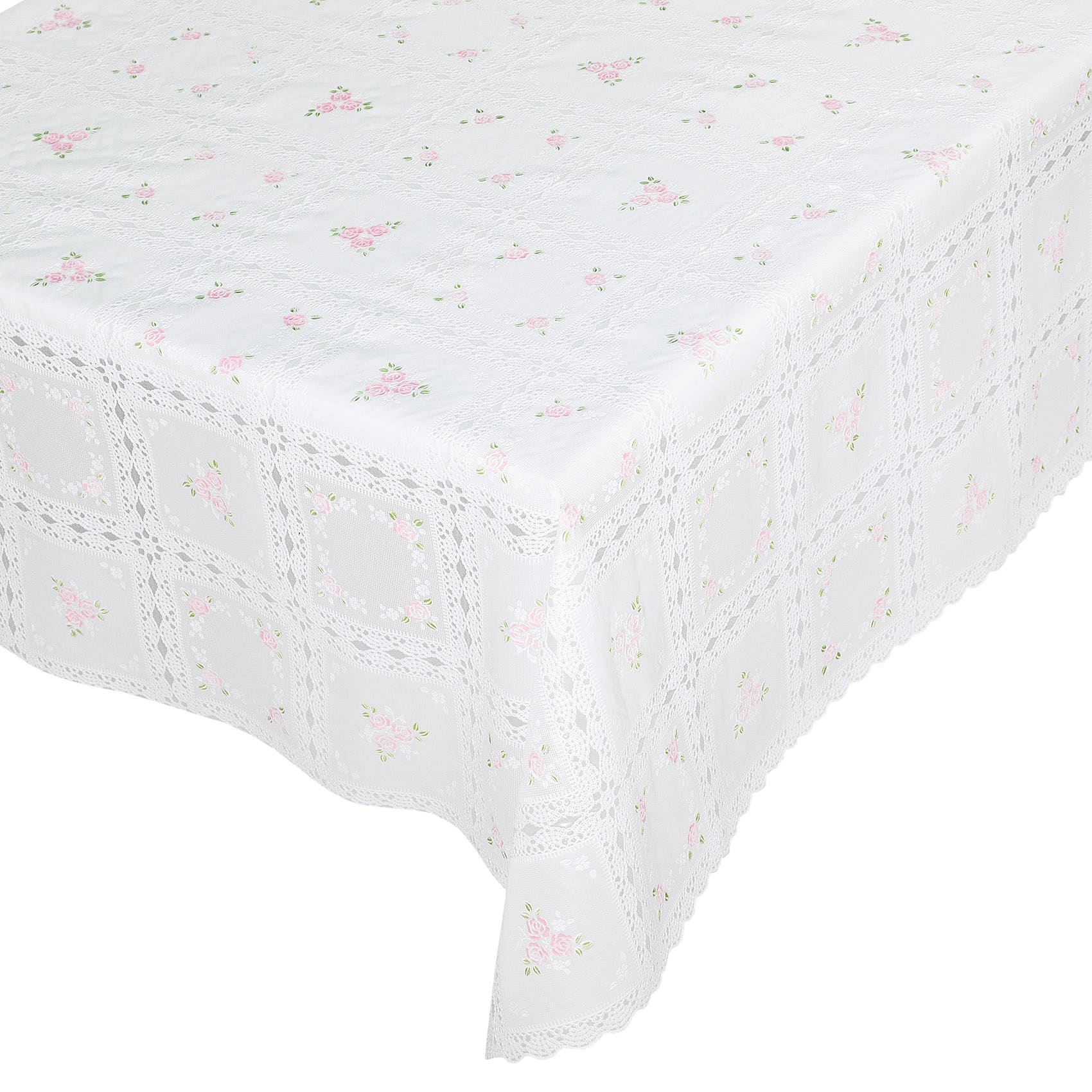 Tischdecke abwaschbar Lace Vinyl Häkel Spitze Optik Blumen Karo Rosa/Weiß – 100x138cm