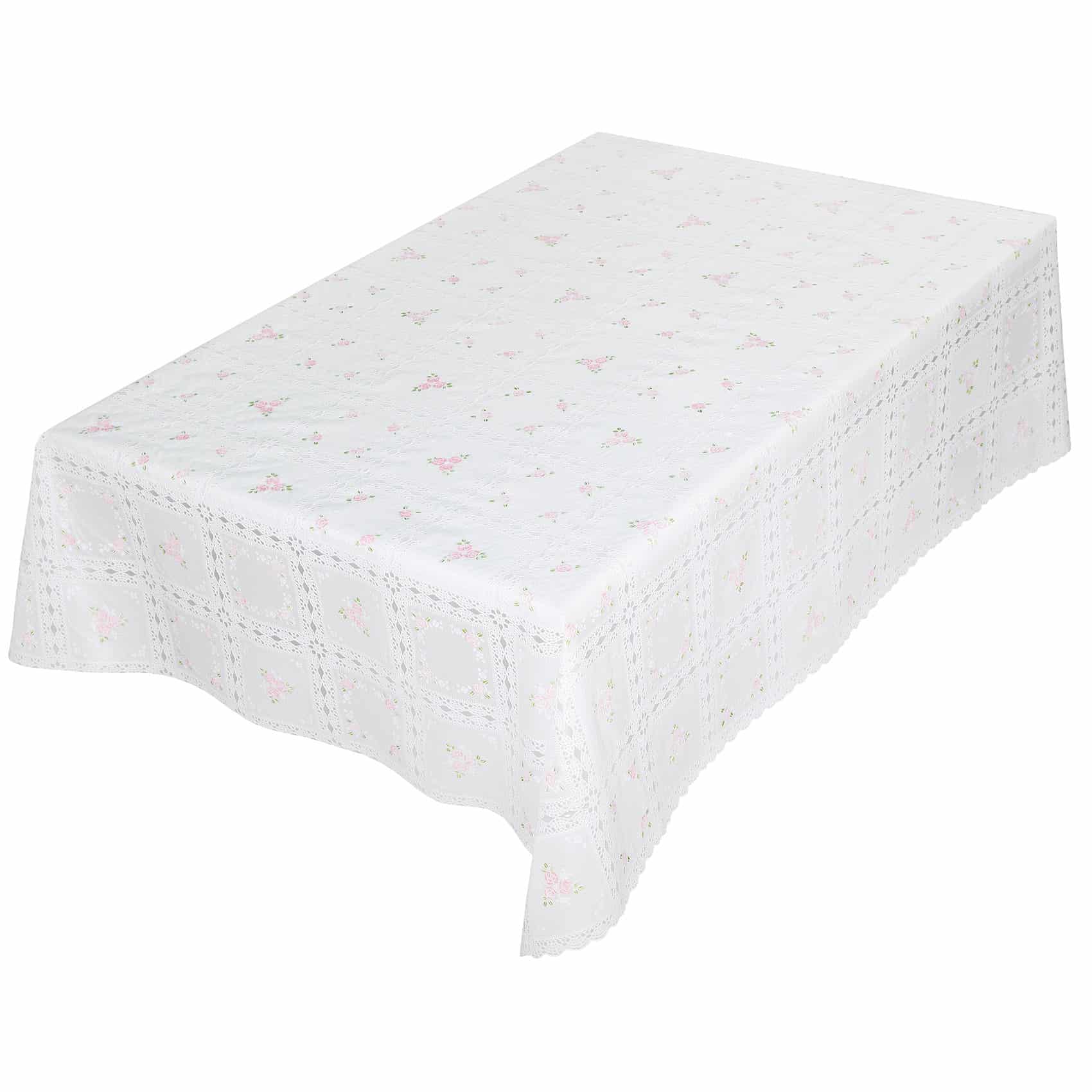Tischdecke abwaschbar Lace Vinyl Häkel Spitze Optik Blumen Karo Rosa/Weiß – 100x138cm