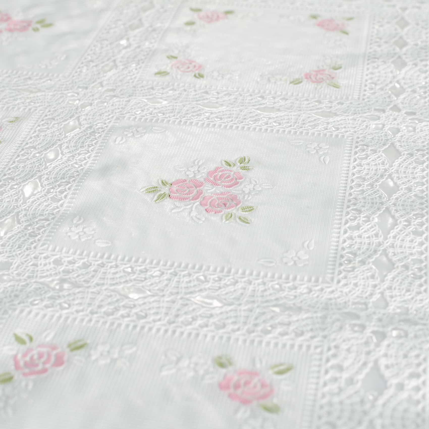 Tischdecke abwaschbar Lace Vinyl Häkel Spitze Optik Blumen Karo Rosa/Weiß – 100x138cm