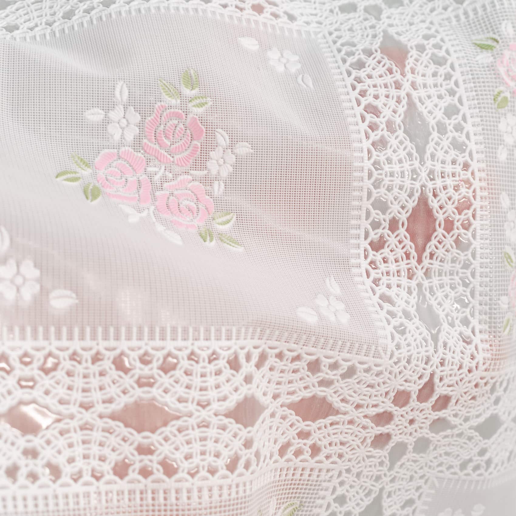 Tischdecke abwaschbar Lace Vinyl Häkel Spitze Optik Blumen Karo Rosa/Weiß – 100x138cm
