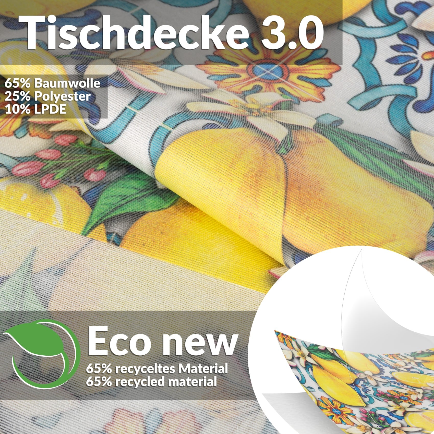 Tischdecke abwaschbar Tischwäsche Tischtuch Pflegeleicht Lotuseffekt Baumwolle Polyester Polyolefin Lemon – 90 x 130 cm, Schnittkante