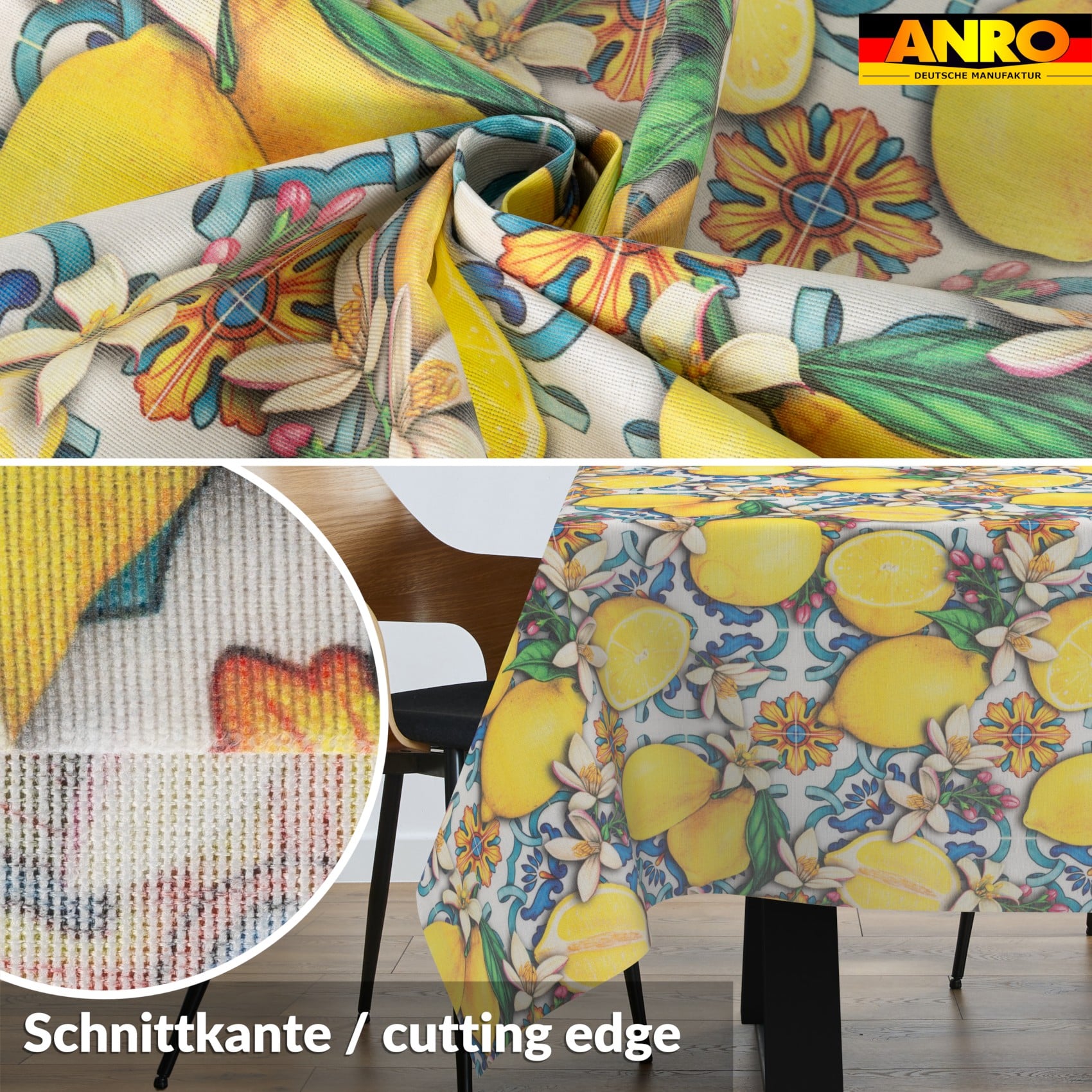 Tischdecke abwaschbar Tischwäsche Tischtuch Pflegeleicht Lotuseffekt Baumwolle Polyester Polyolefin Lemon – 90 x 130 cm, Schnittkante