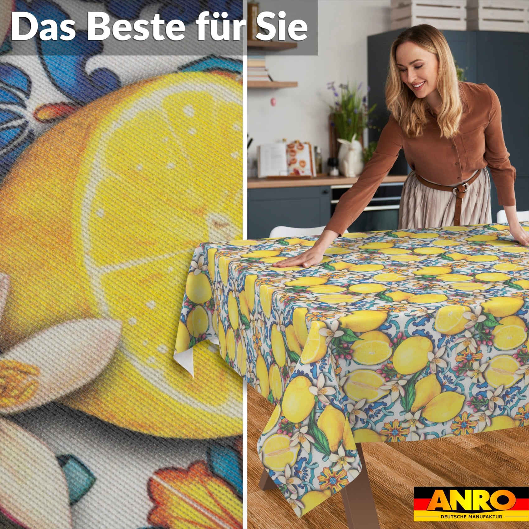 Tischdecke abwaschbar Tischwäsche Tischtuch Pflegeleicht Lotuseffekt Baumwolle Polyester Polyolefin Lemon – 90 x 130 cm, Schnittkante