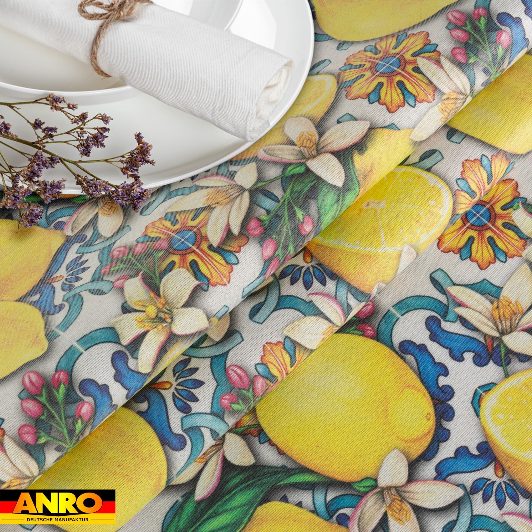 Tischdecke abwaschbar Tischwäsche Tischtuch Pflegeleicht Lotuseffekt Baumwolle Polyester Polyolefin Lemon – 90 x 130 cm, Schnittkante