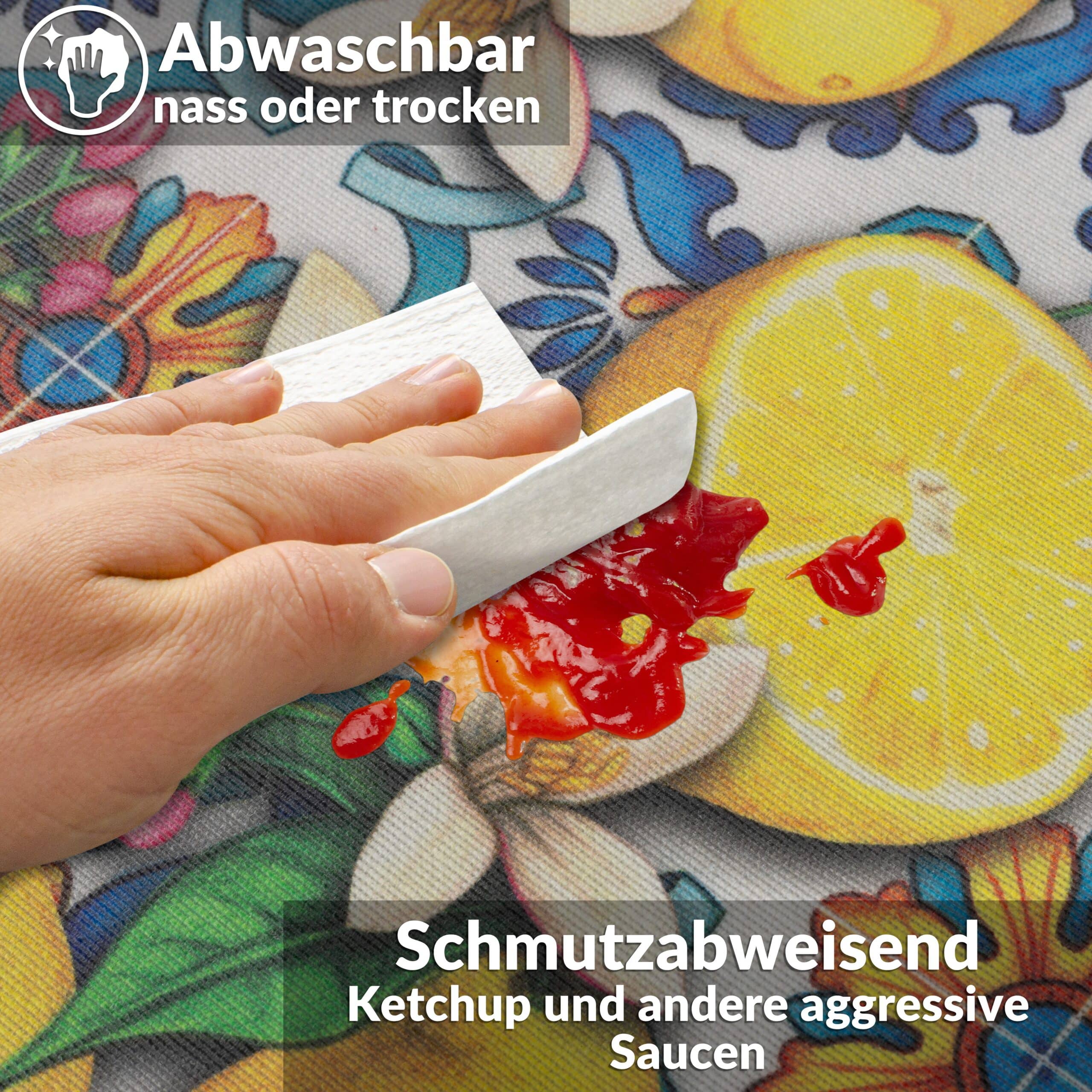 Tischdecke abwaschbar Tischwäsche Tischtuch Pflegeleicht Lotuseffekt Baumwolle Polyester Polyolefin Lemon – 90 x 130 cm, Schnittkante