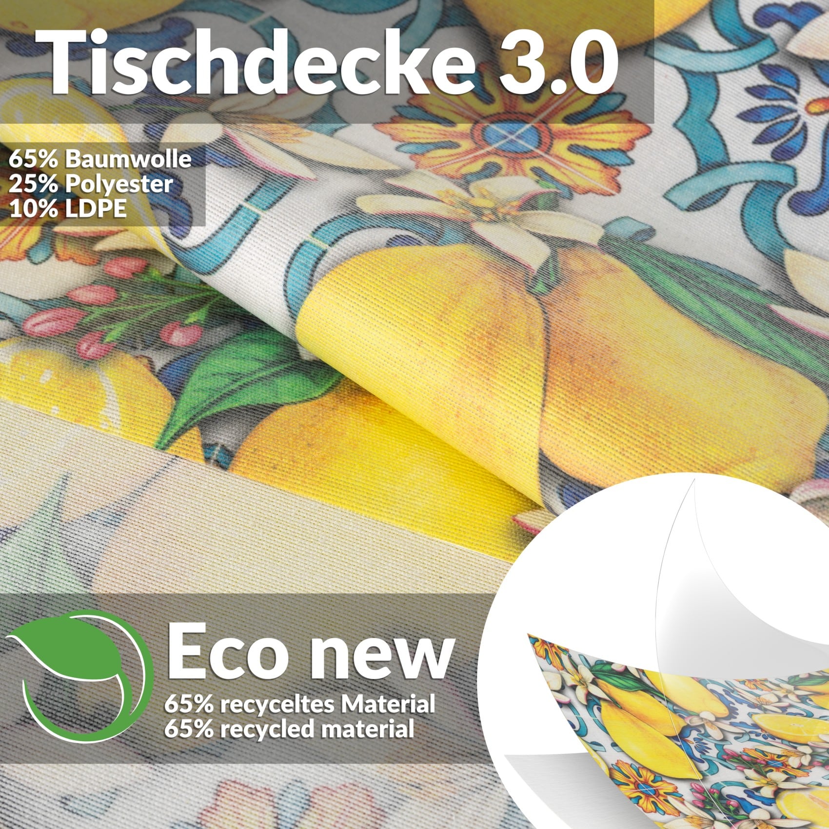 Tischdecke abwaschbar Tischwäsche Tischtuch Pflegeleicht Lotuseffekt Baumwolle Polyester Polyolefin Lemon – 90 x 130 cm, Schnittkante