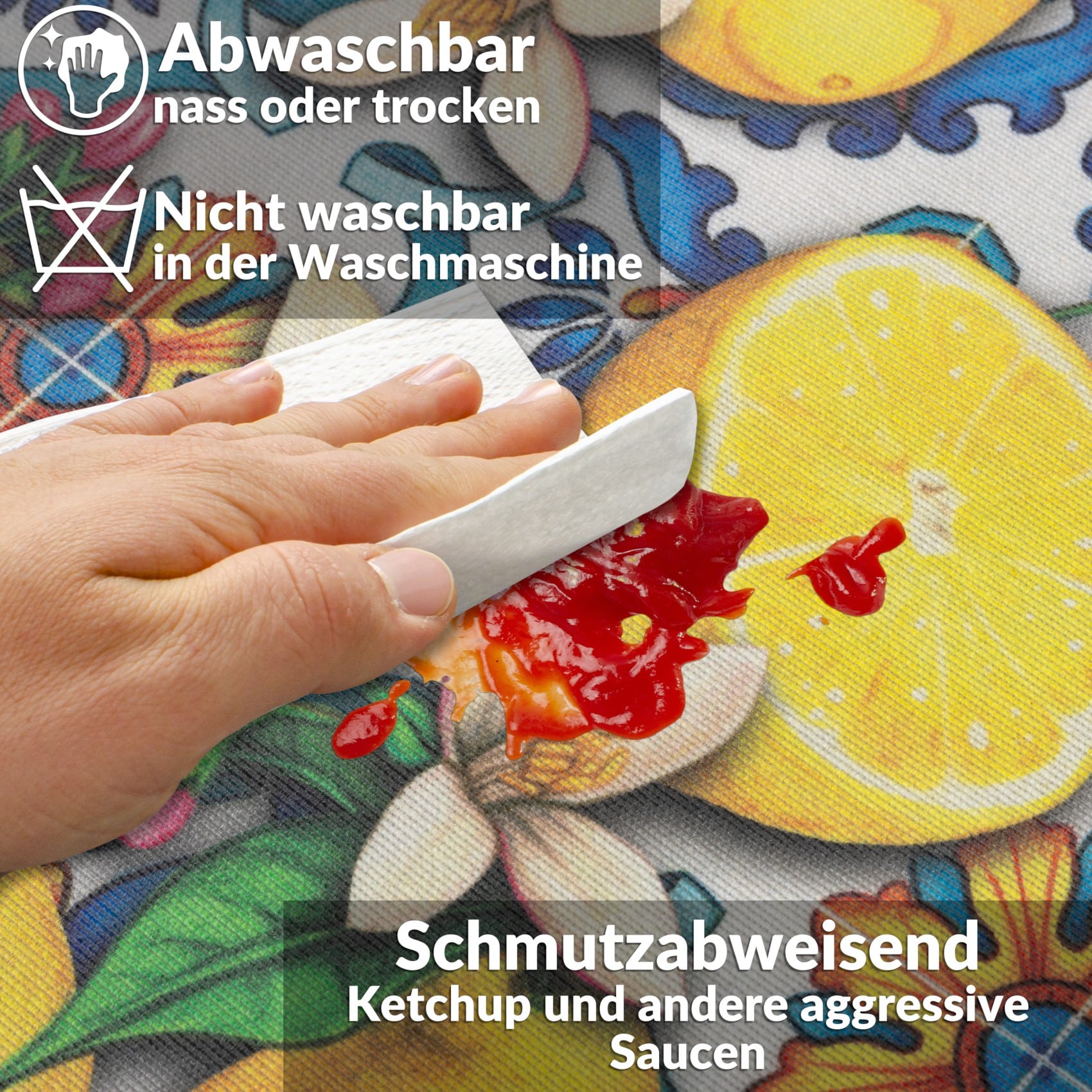 Tischdecke abwaschbar Tischwäsche Tischtuch Pflegeleicht Lotuseffekt Baumwolle Polyester Polyolefin Lemon – 90 x 130 cm, Schnittkante