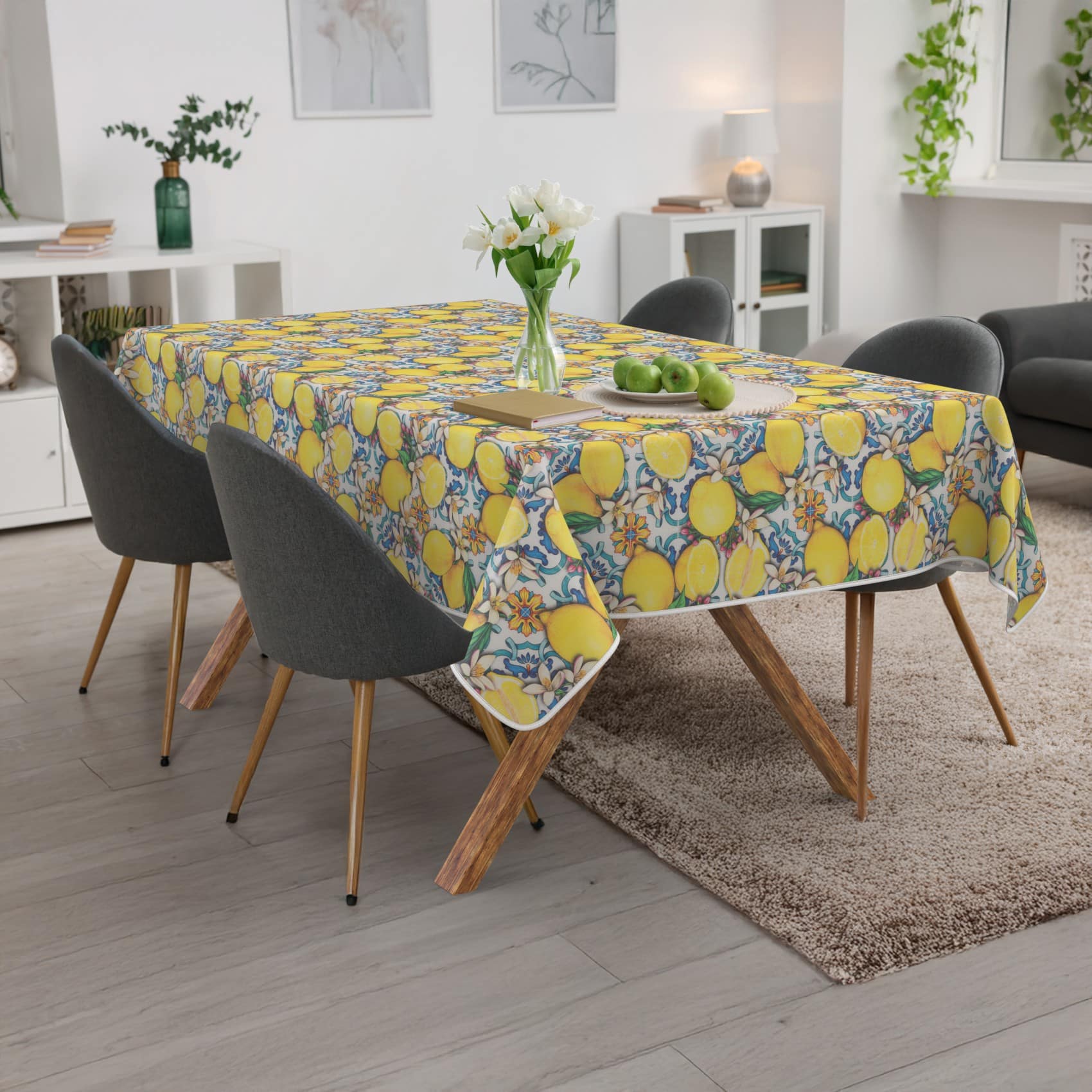 Tischdecke abwaschbar Tischwäsche Tischtuch Pflegeleicht Lotuseffekt Baumwolle Polyester Polyolefin Lemon – 90 x 130 cm, Schnittkante
