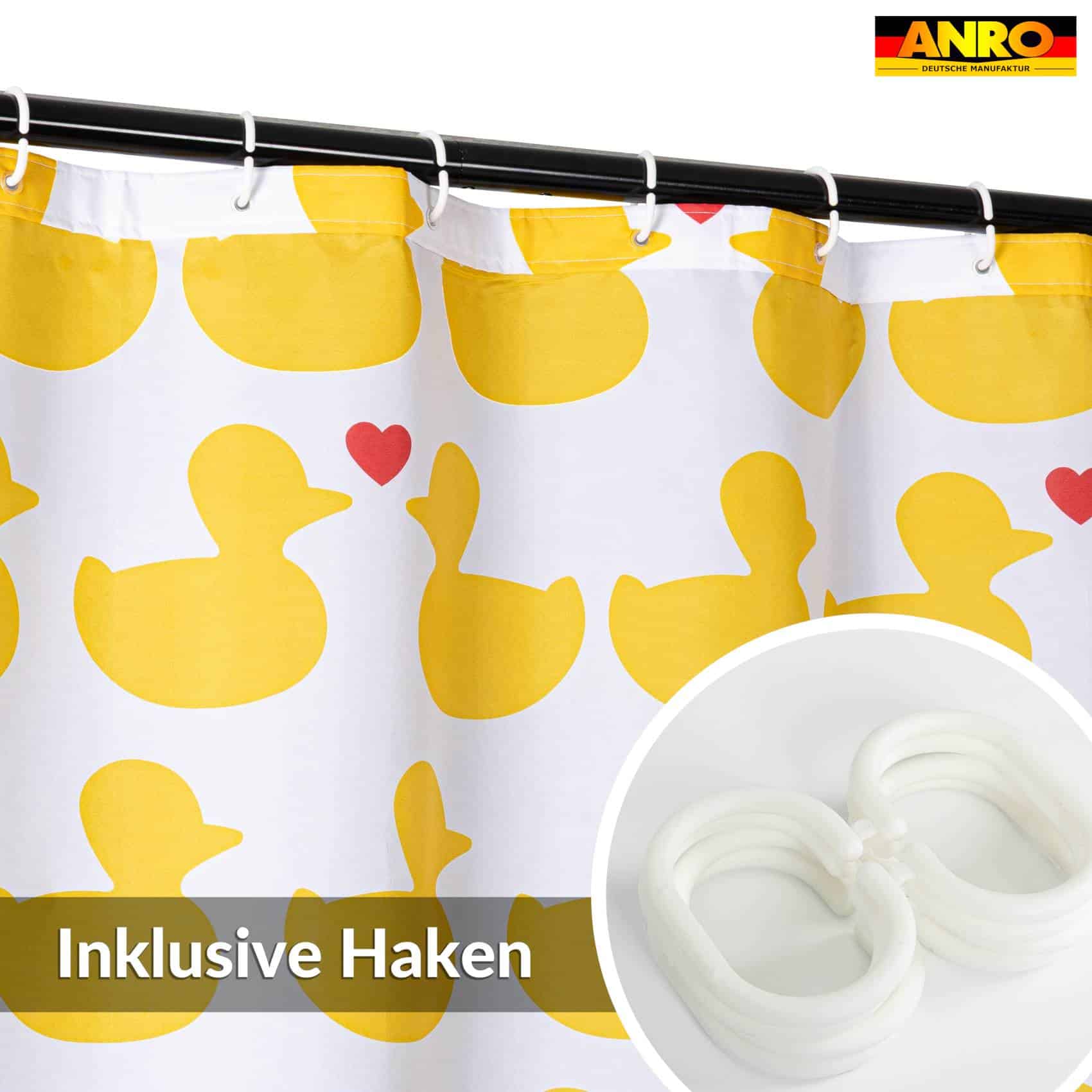 Duschvorhang Badewanne Vorhang Bad Stoff Textil Badezimmervorhang mit Ringen waschbar 3 Größen Enten Gelb – 120 x 200 cm