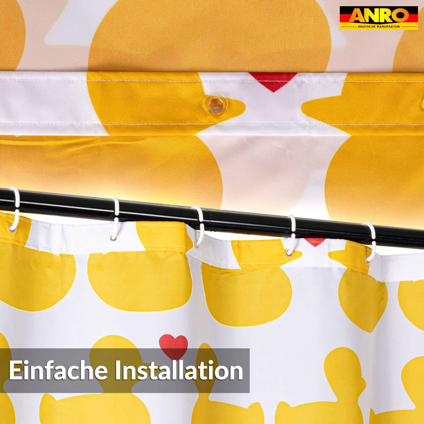 Duschvorhang Badewanne Vorhang Bad Stoff Textil Badezimmervorhang mit Ringen waschbar 3 Größen Enten Gelb – 120 x 200 cm