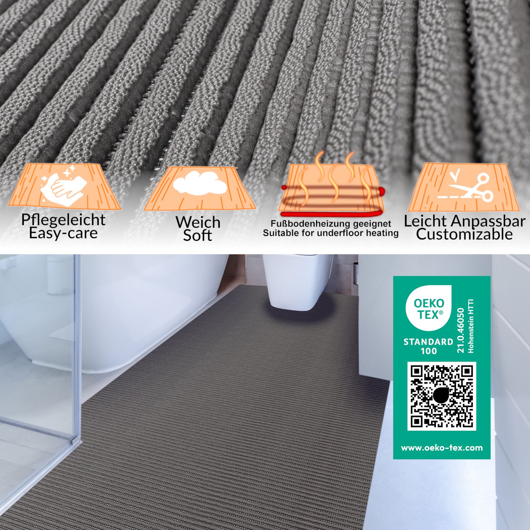 Badematte Uni Dunkelgrau 60cmx100cm