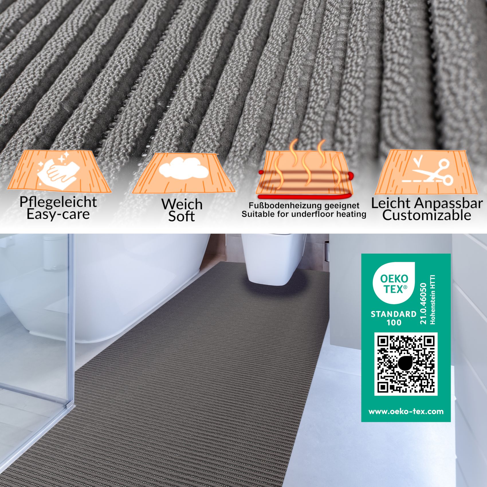 Badematte Uni Dunkelgrau 45cmx100cm