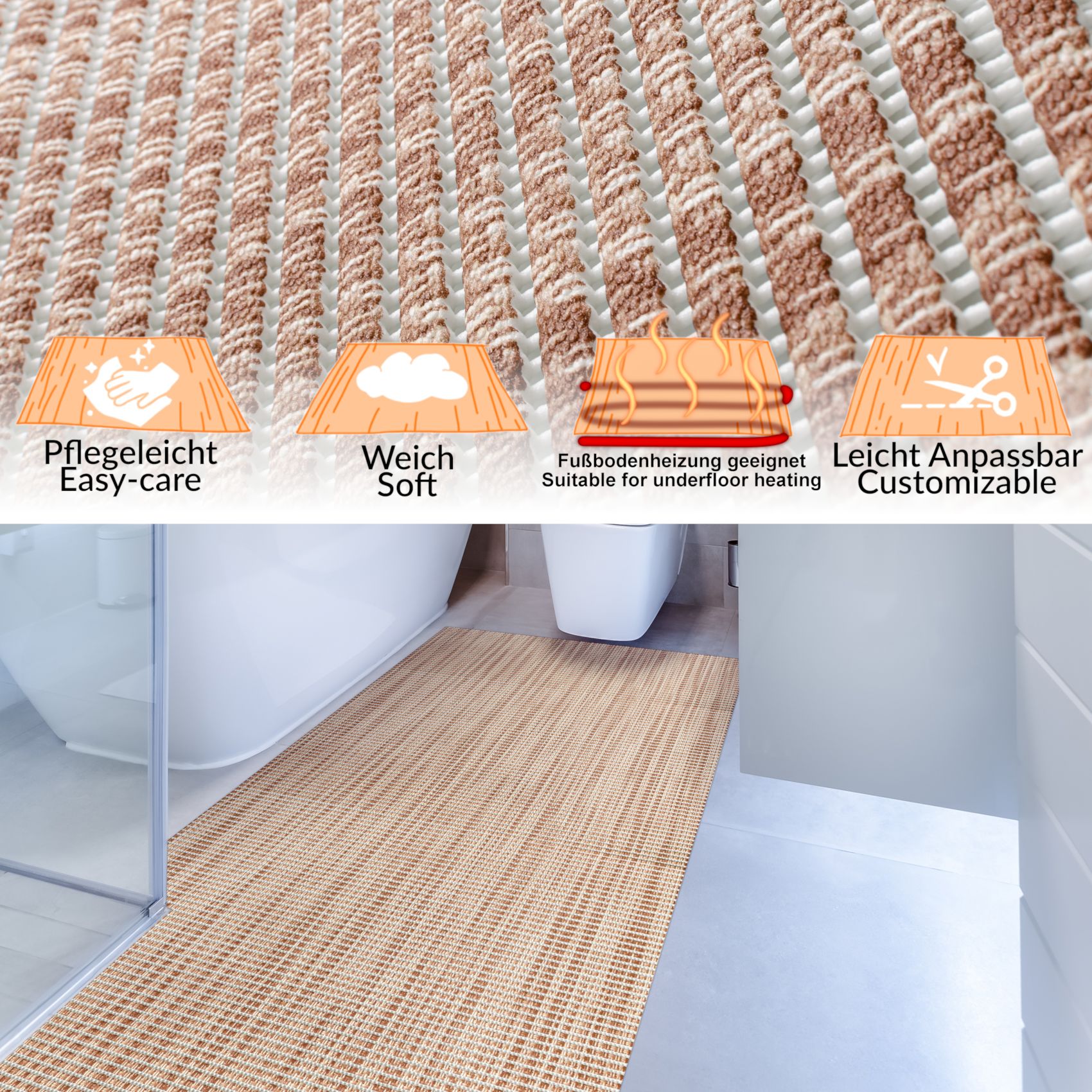 Badematte aus Meterware Leinen Optik Braun Breite 55cm Weichschaummatte Badvorleger 120cm