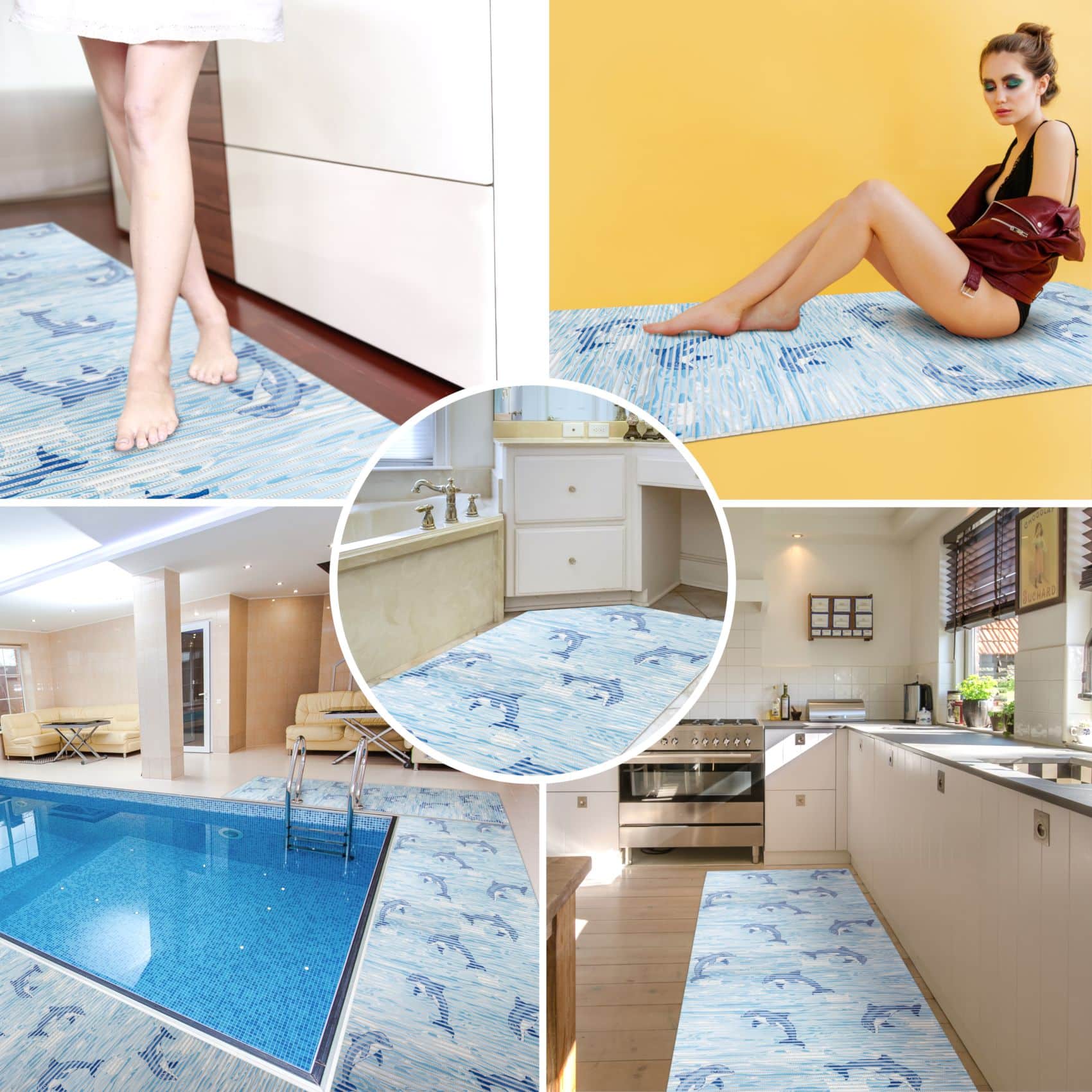 Badematte aus Meterware Delfine Maritim Blau Breite 65cm Weichschaummatte Badvorleger 70cm