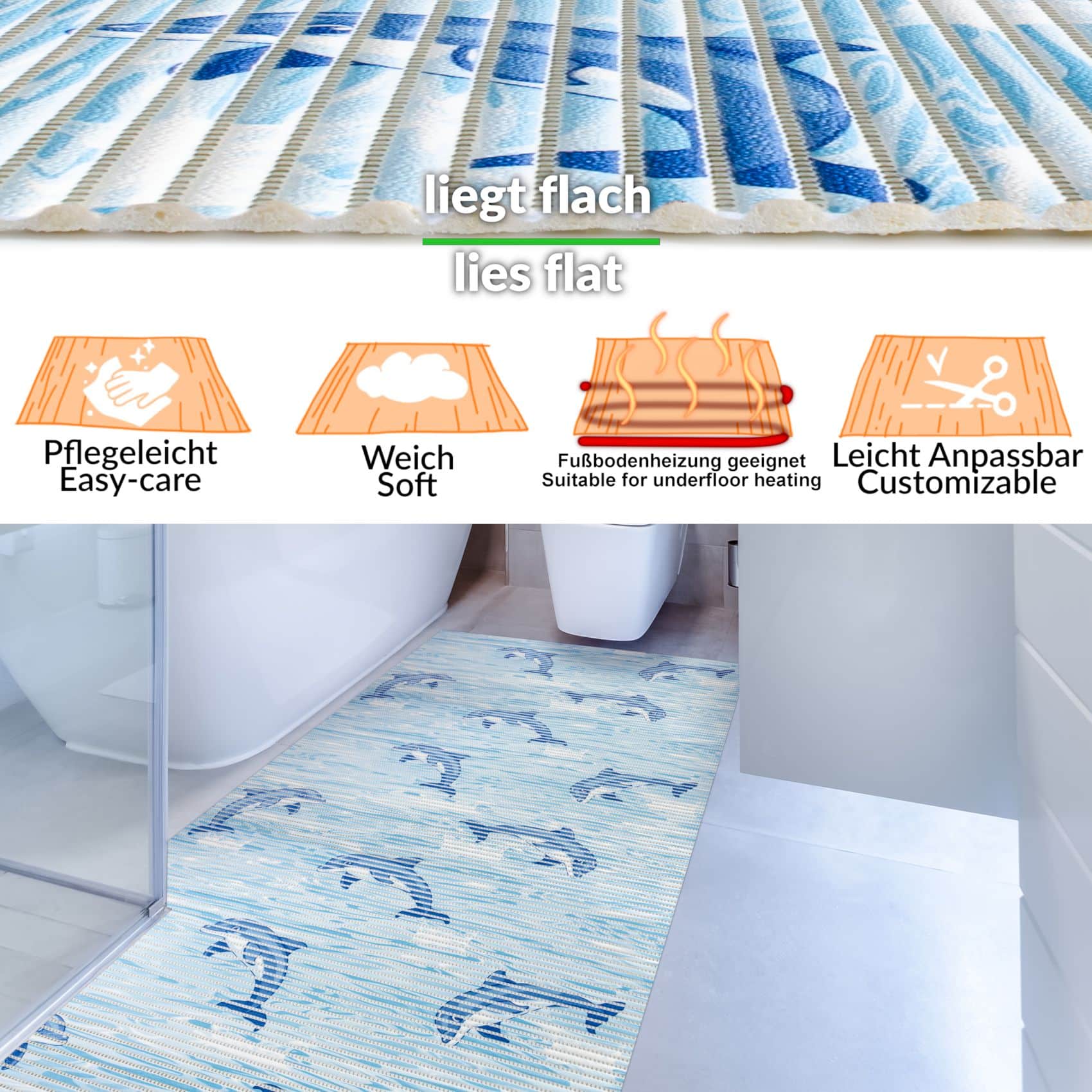 Badematte aus Meterware Delfine Maritim Blau Breite 65cm Weichschaummatte Badvorleger 70cm