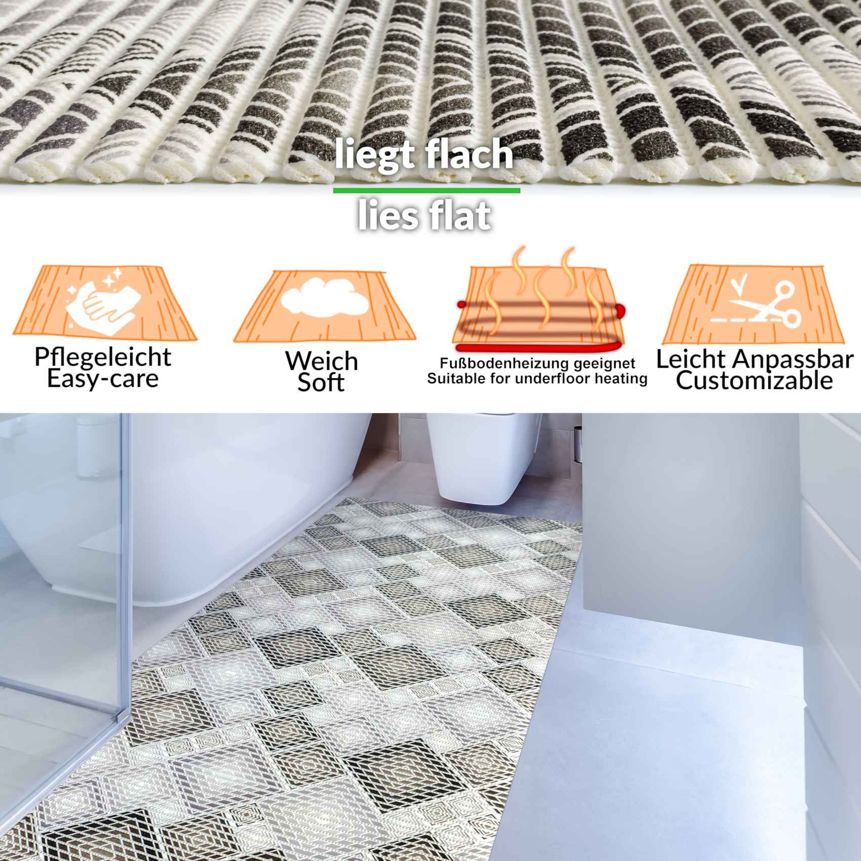 DM135D_13 Badematte aus Meterware Karo Grau Breite 65cm Weichschaummatte Badvorleger 45cm