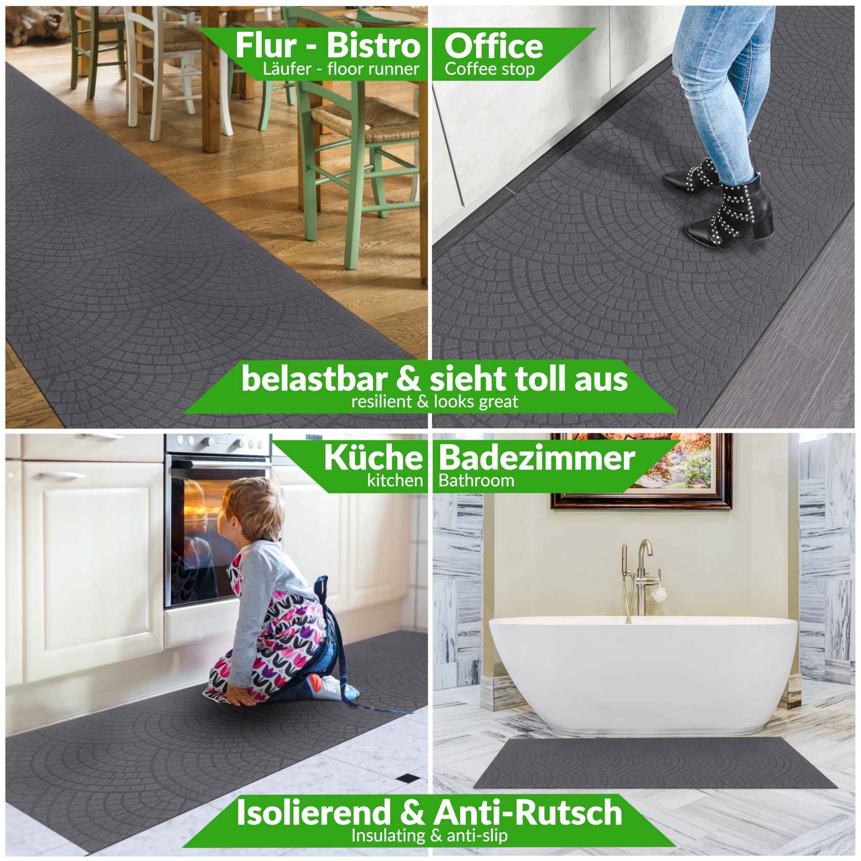Küchenläufer Premium 3-Schicht Boden gummiert Läufer waschbar Davis Anthrazit 65x85cm
