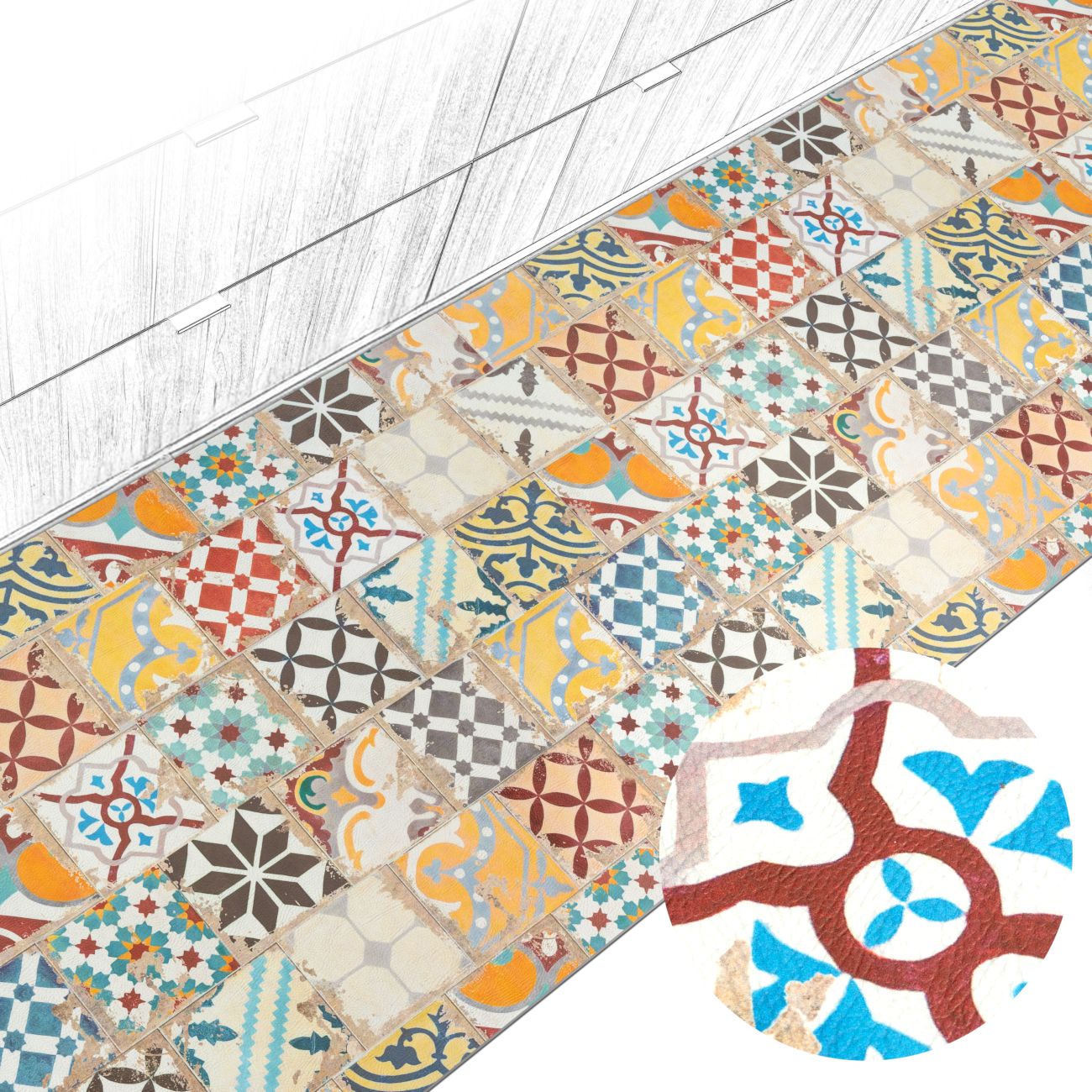ANRO Küchenläufer abwaschbar Fliesenmix LADY Läufer pflegeleicht Küchenteppich, Rechteckig, Höhe: 3 mm, robust schmutzabweisend 67x100cm Oriental Bunt robust
