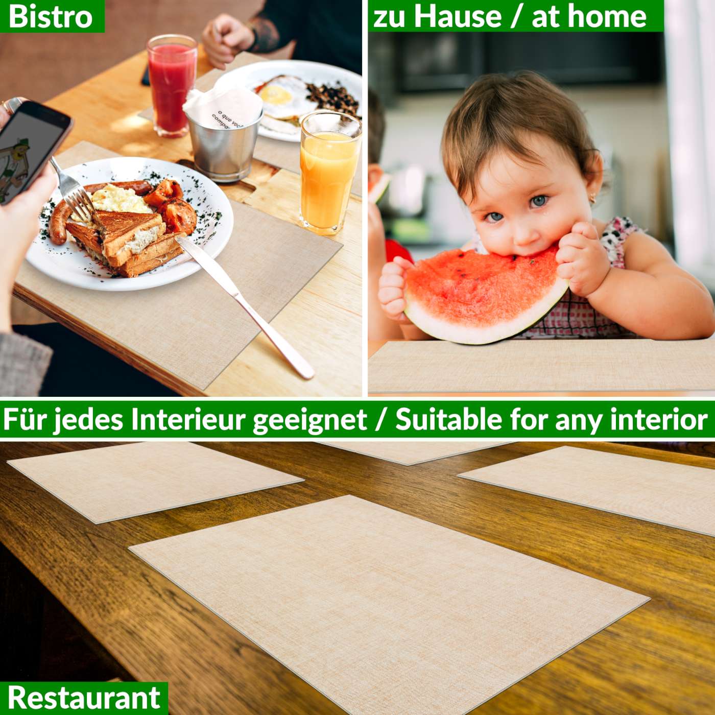 Tischset Platzset Platzdeckchen abwaschbar Tischuntersetzer PVC hitzebeständig Leinen Beige 30x45cm