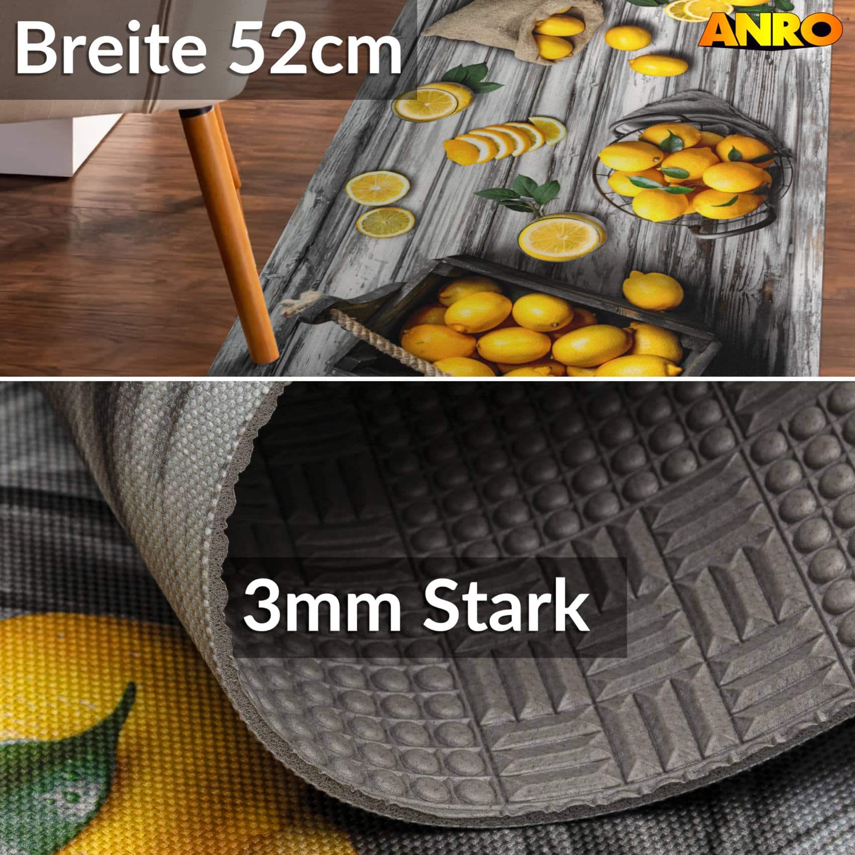 Küchenläufer Teppichläufer abwaschbar Läufer Flur rutschfest pflegeleicht Zitronen 52cm Breite 80 x 52 cm