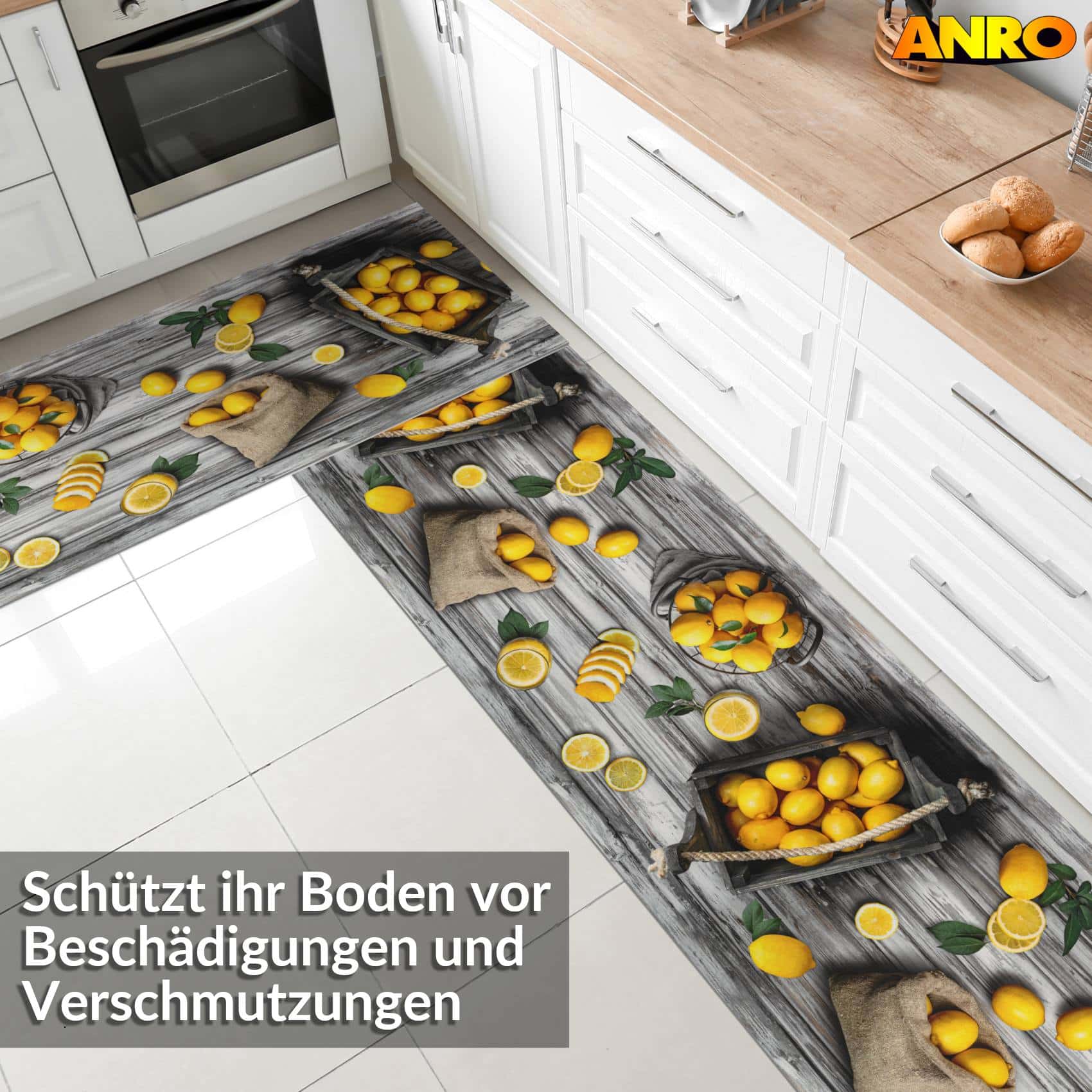 Küchenläufer Teppichläufer abwaschbar Läufer Flur rutschfest pflegeleicht Zitronen 52cm Breite 80 x 52 cm