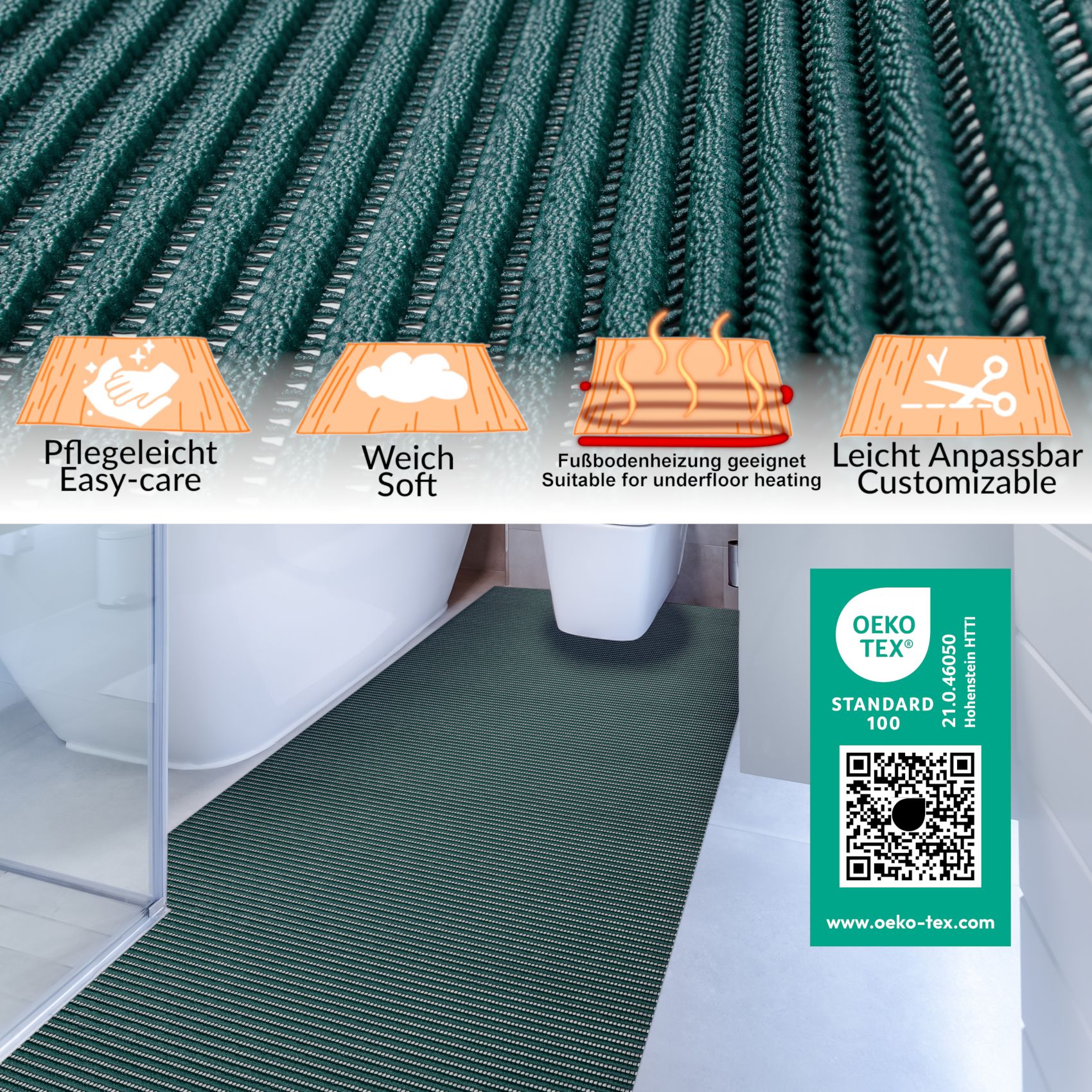 Badematte Uni Dunkelgrün 50cmx160cm