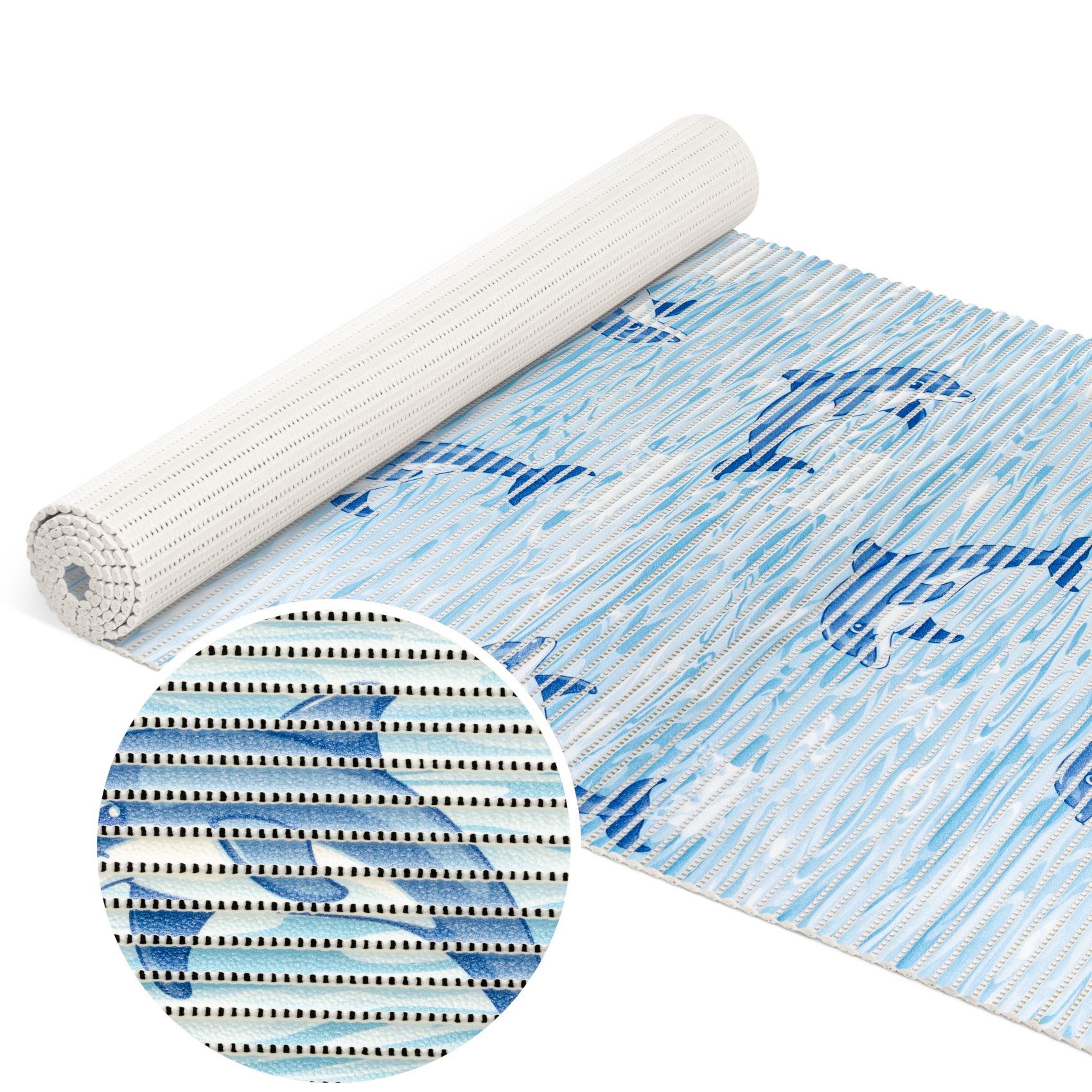 Badematte aus Meterware Delfine Maritim Blau Breite 50cm Weichschaummatte Badvorleger 220cm