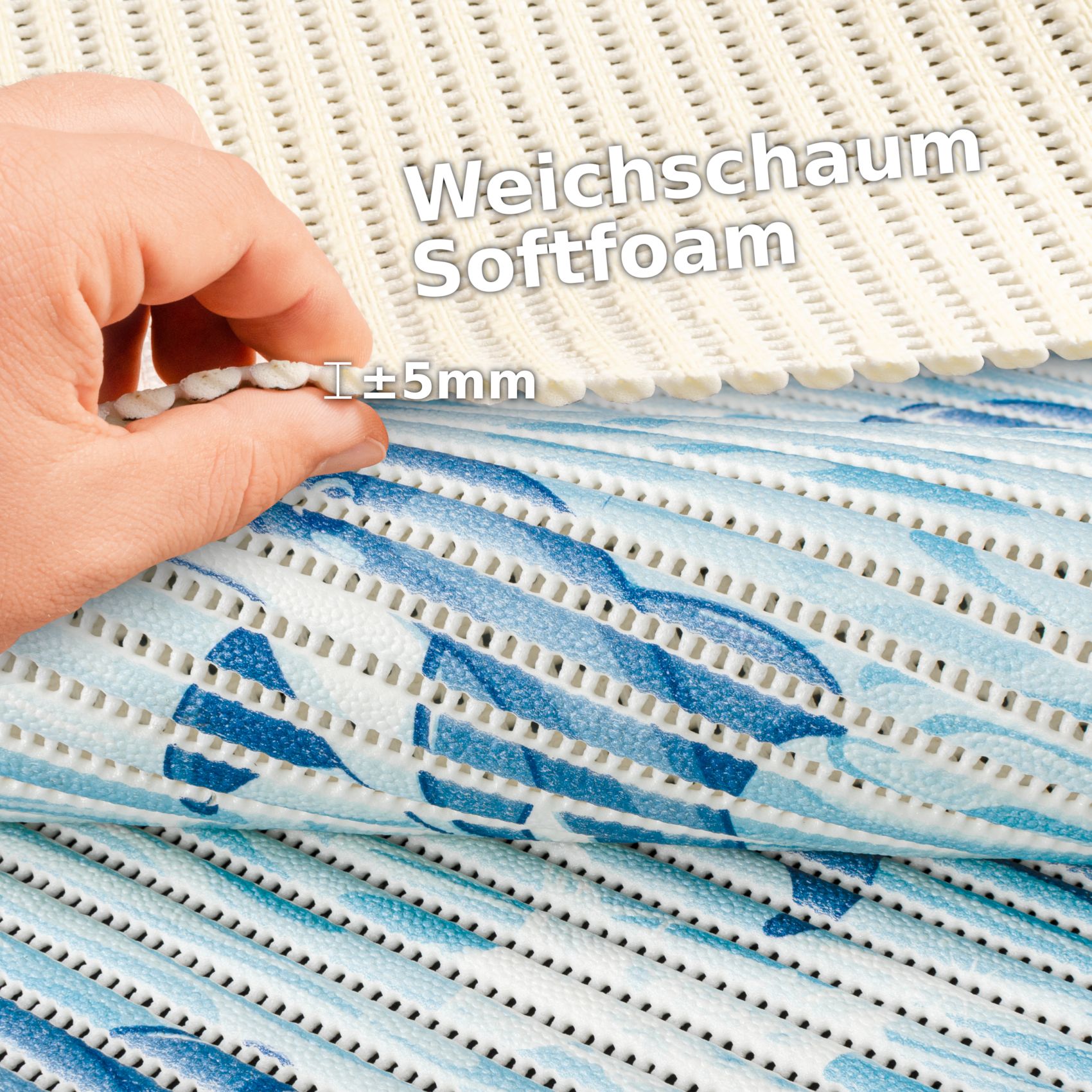 Badematte aus Meterware Delfine Maritim Blau Breite 50cm Weichschaummatte Badvorleger 220cm