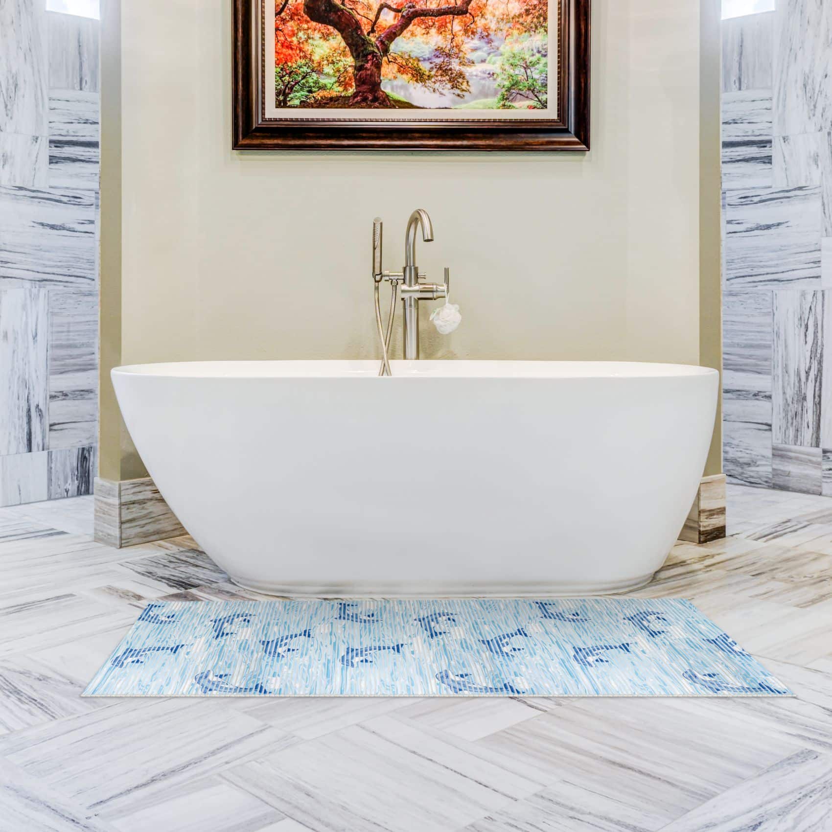 Badematte aus Meterware Delfine Maritim Blau Breite 50cm Weichschaummatte Badvorleger 220cm