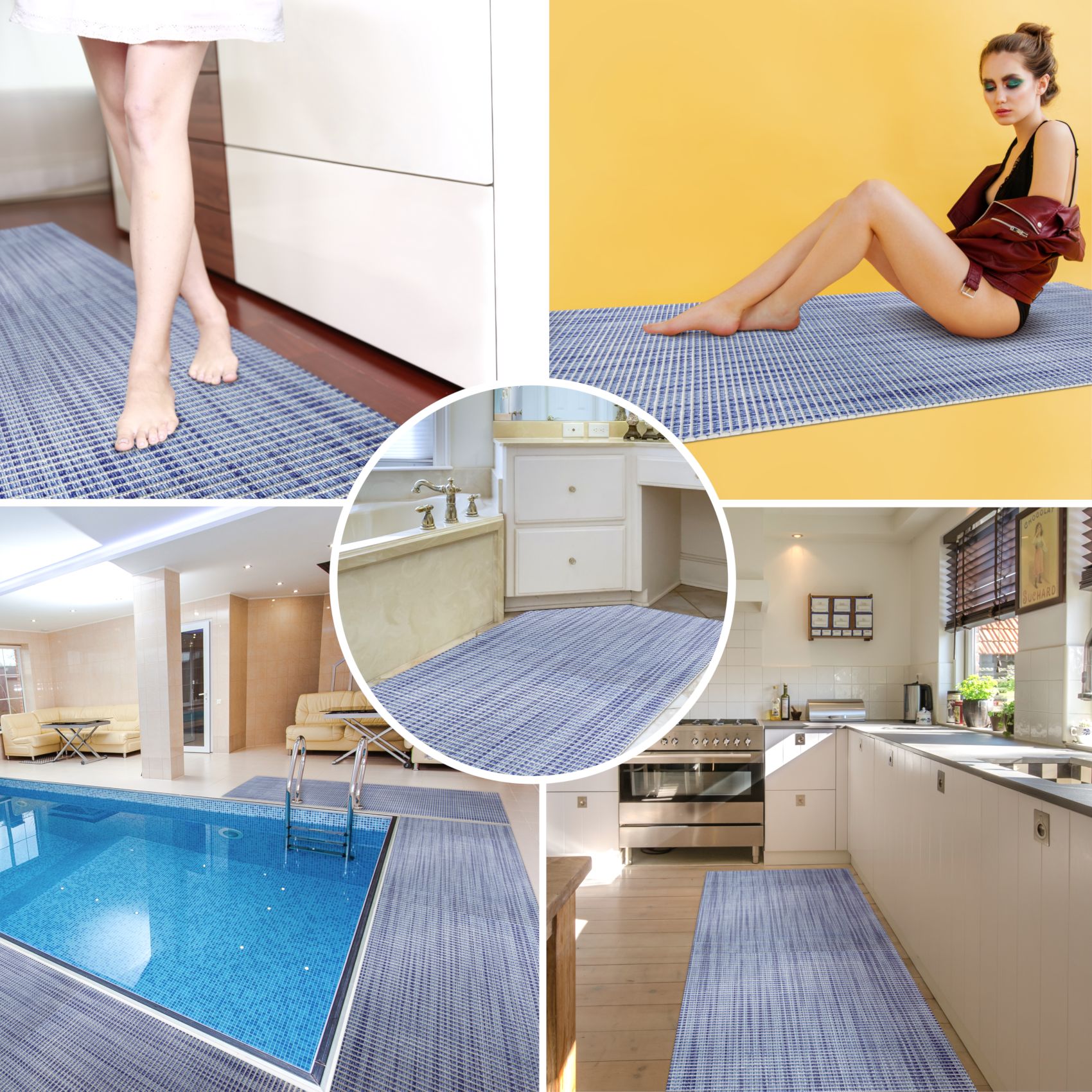 Badematte aus Meterware Leinen Optik Blau Breite 65cm Weichschaummatte Badvorleger 90cm
