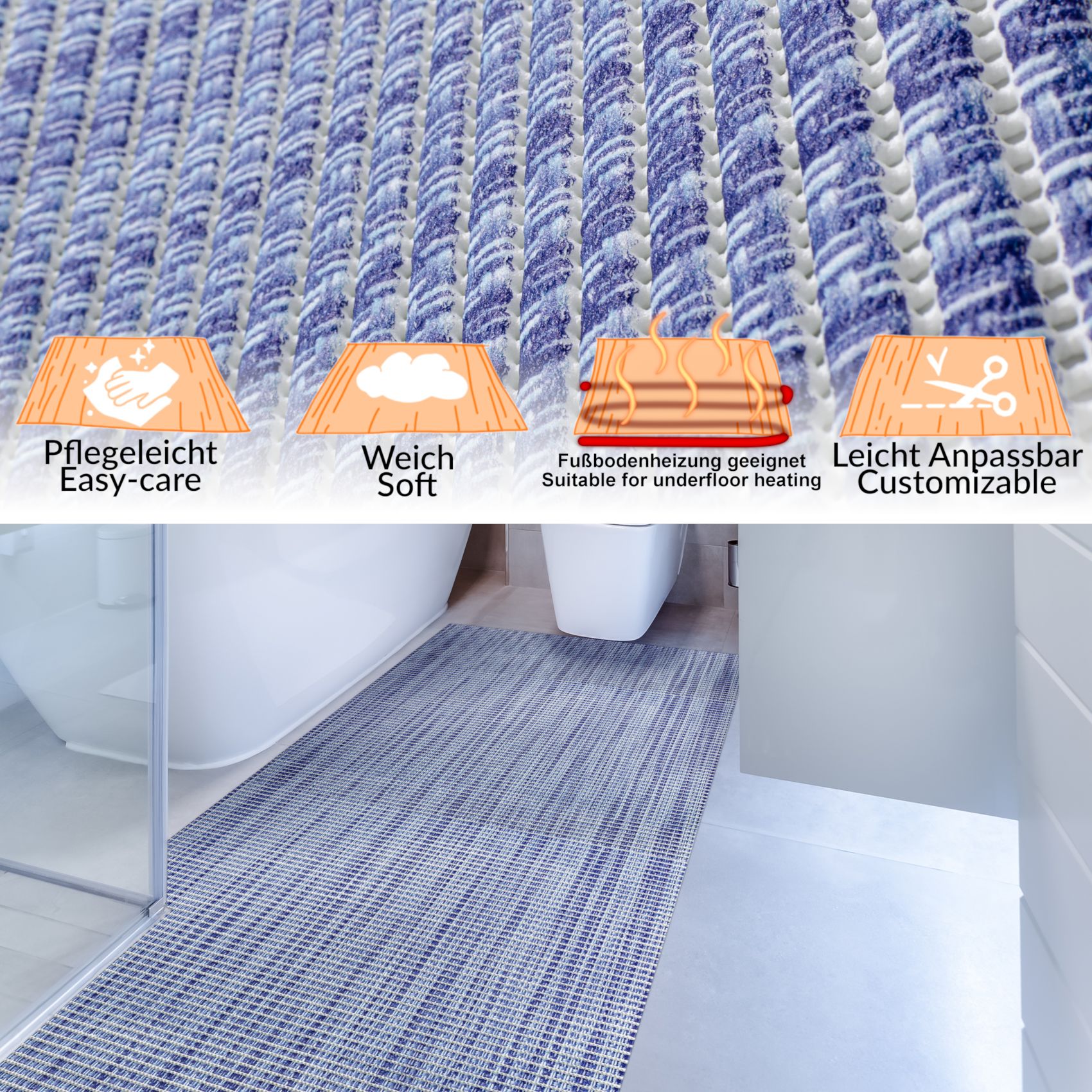 Badematte aus Meterware Leinen Optik Blau Breite 65cm Weichschaummatte Badvorleger 90cm