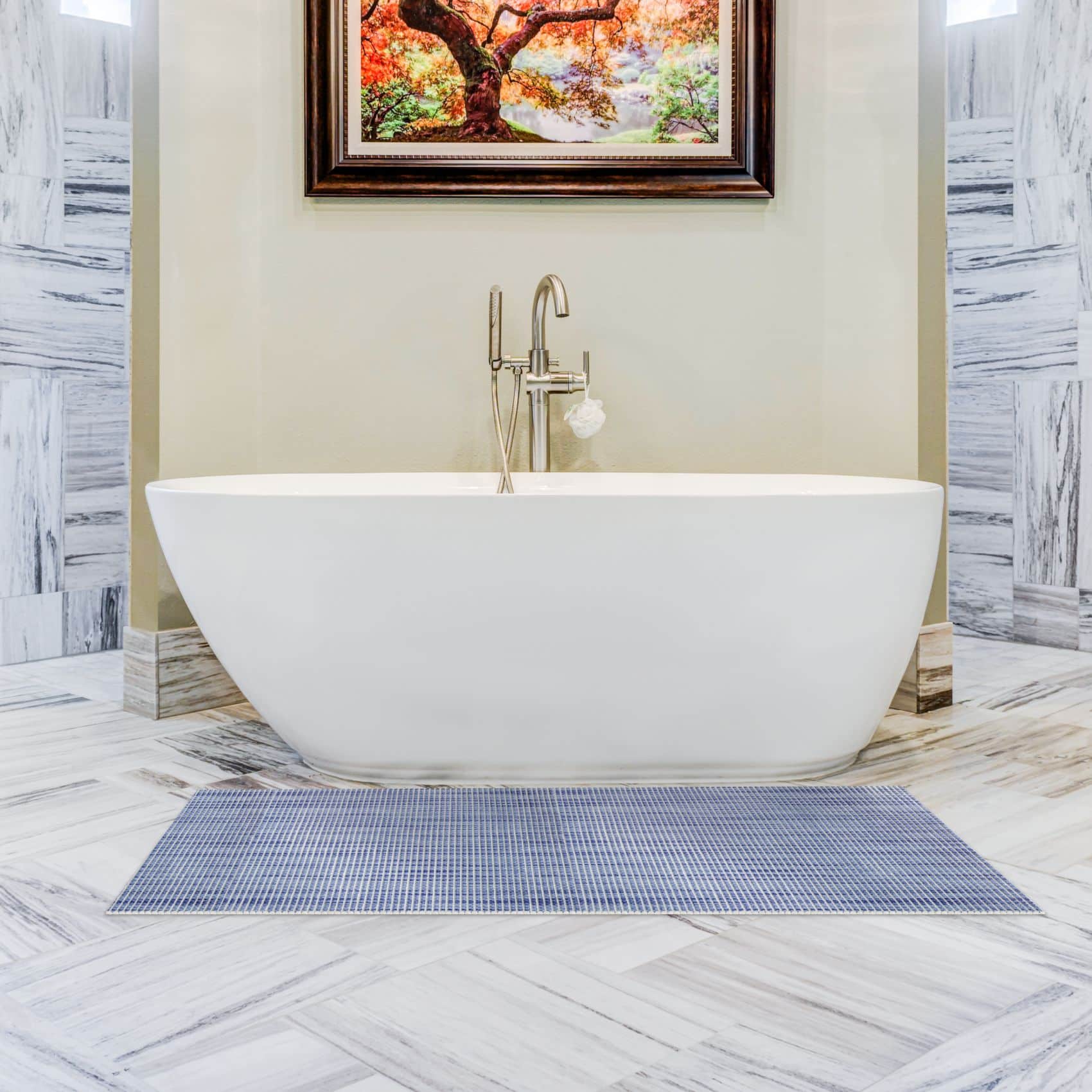 Badematte aus Meterware Leinen Optik Blau Breite 65cm Weichschaummatte Badvorleger 90cm