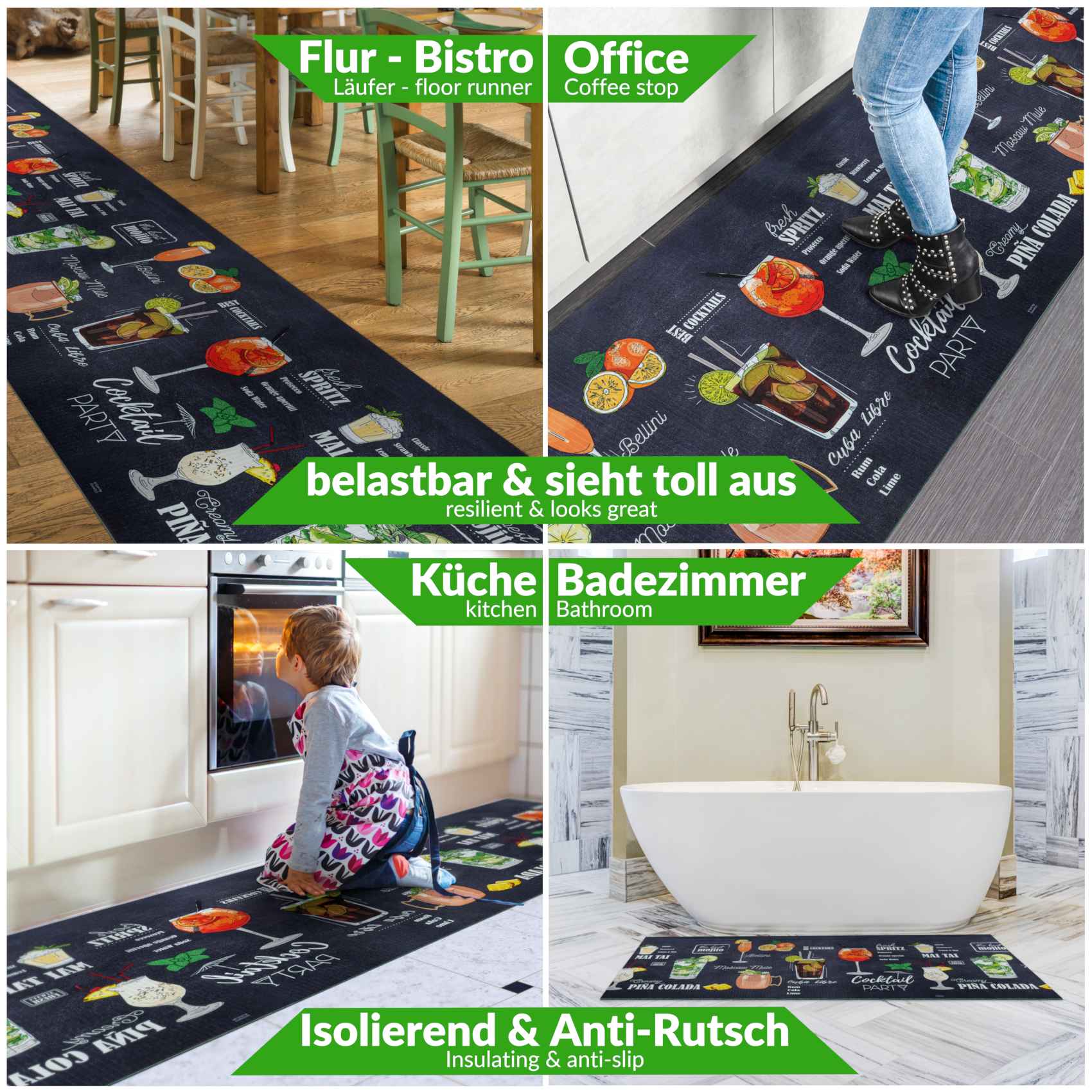 Küchenläufer waschbar Textil + PVC Küchenteppich rutschfest Sprinty Pub Mehrfarbig 50x85cm