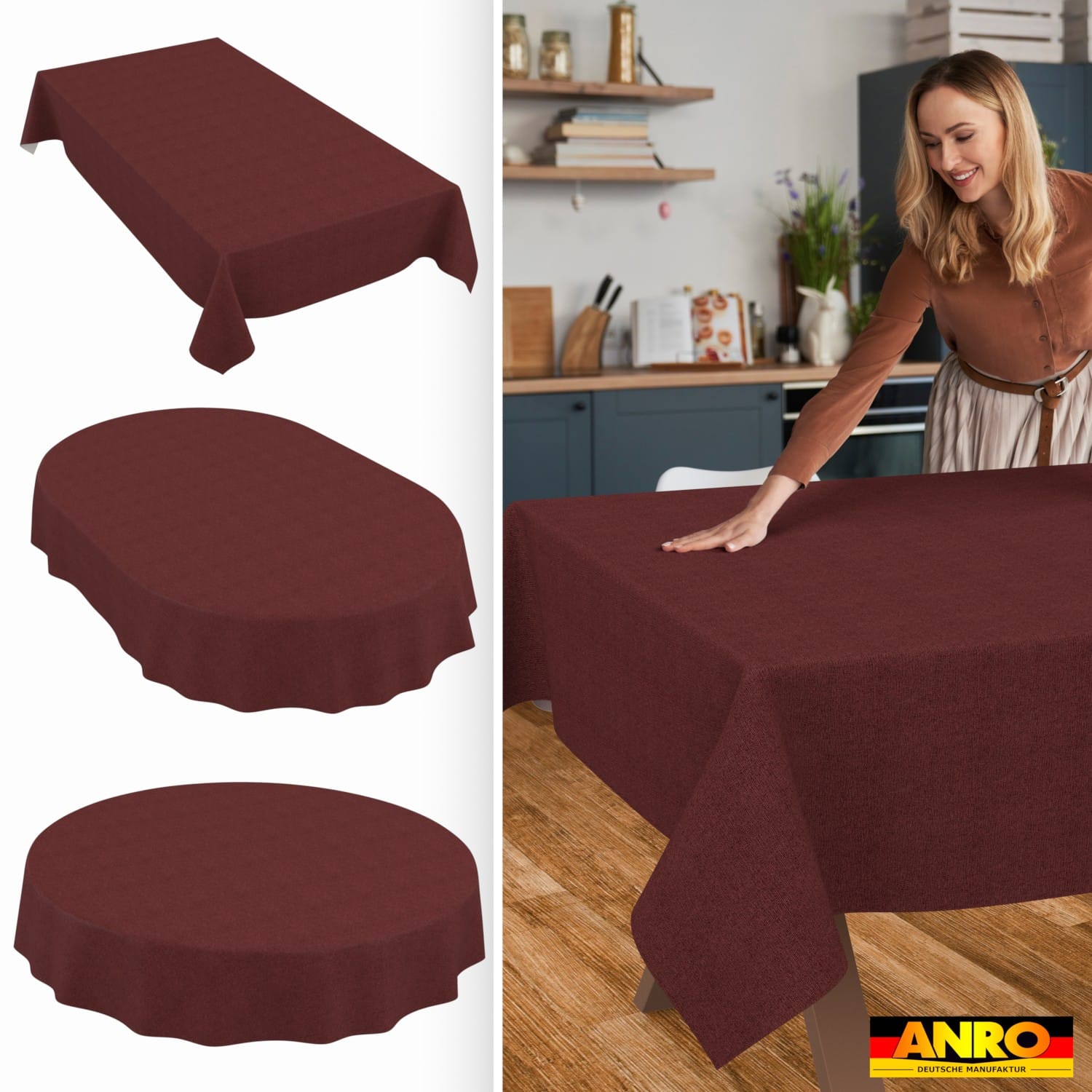 Tischdecke abwaschbar Tischwäsche Gartentischdecke Leinenoptik Baumwolle Polyester Bordeaux