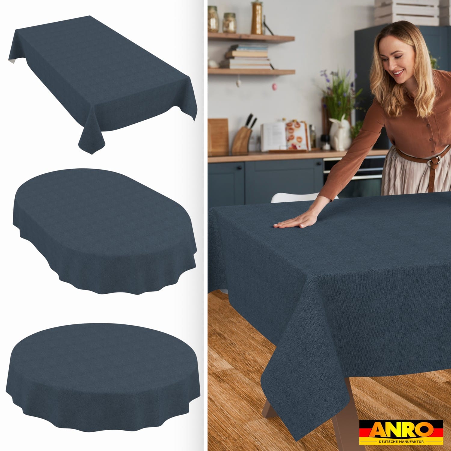 Tischdecke abwaschbar Tischwäsche Gartentischdecke Leinenoptik Baumwolle Polyester Dunkelblau